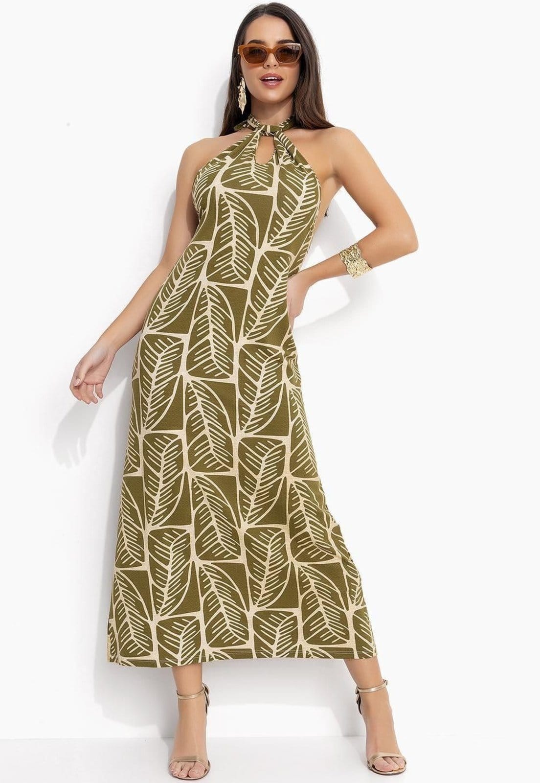 Vestido Em Malha De Viscose Te Folhagem Abstrata