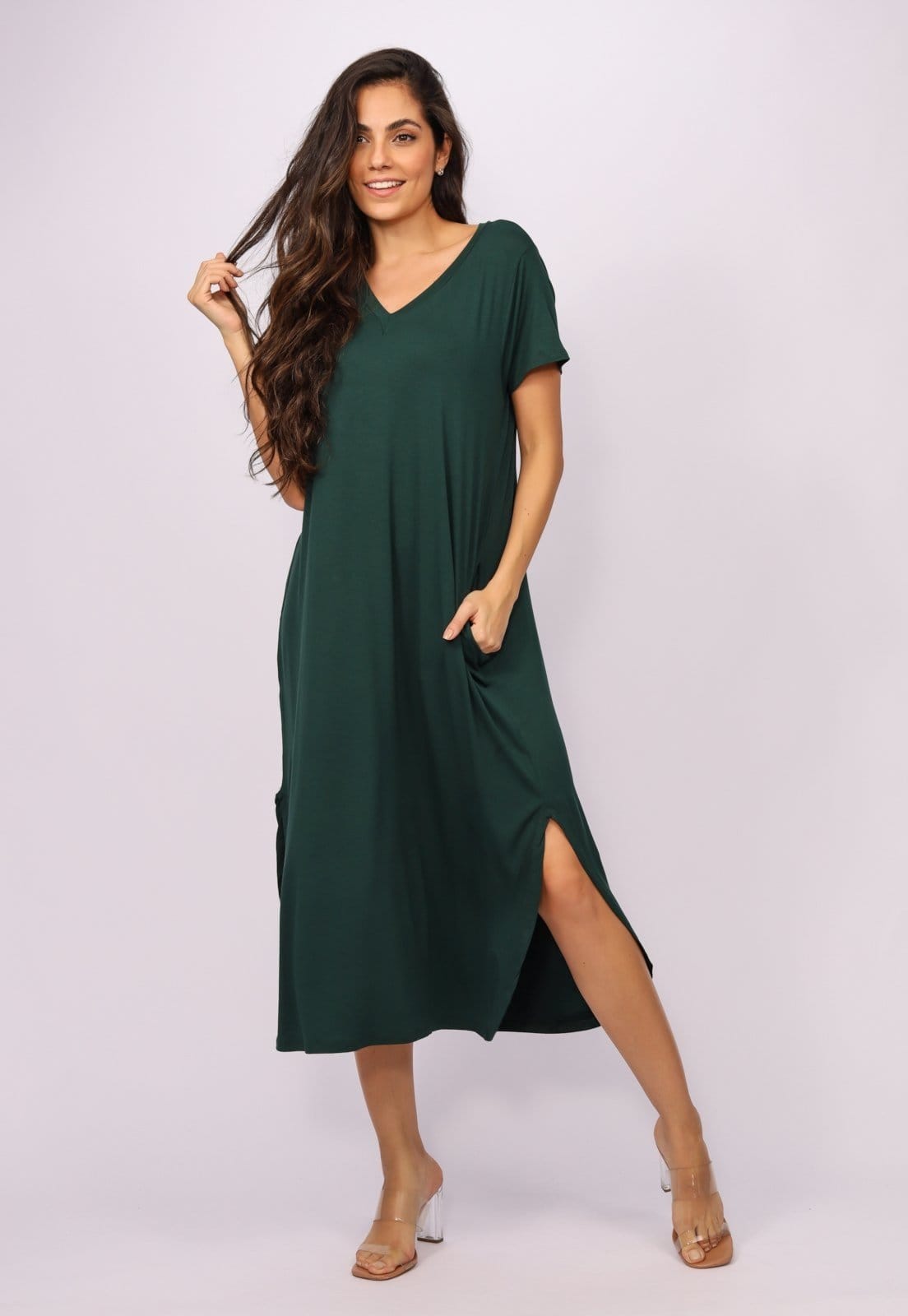 Vista 2 Vestido Midi Amazonia Vital Malha com Bolso Musgo Amazonia Vital verde