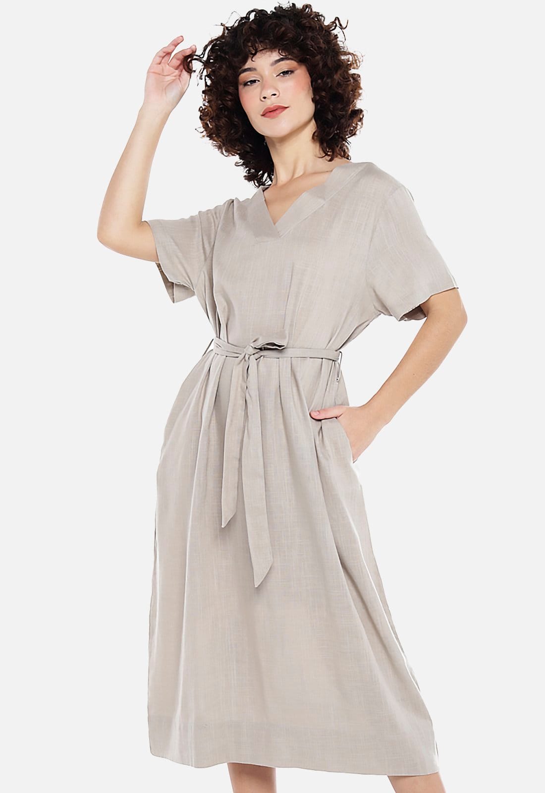 Vista principal Vestido de Linho Areia Midi com Bolsos Manga Curta Sob Kaki SOB bege kaki