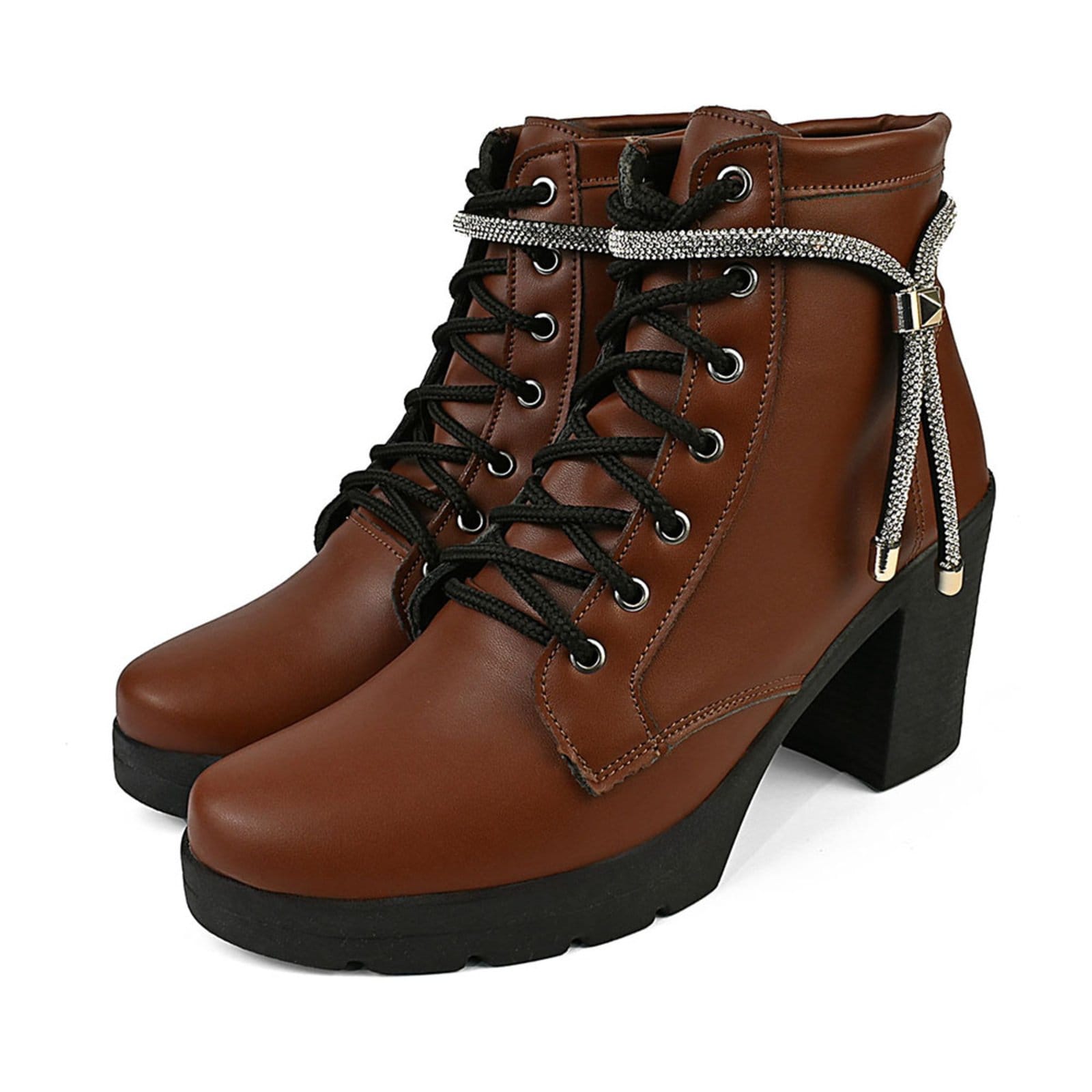 Vista principal Coturno Feminino Bota Salto Alto Donatella Shoes Plataforma Terra Brilho Strass Cadarço Enfeite Removível Novo Donatella Shoes marrom