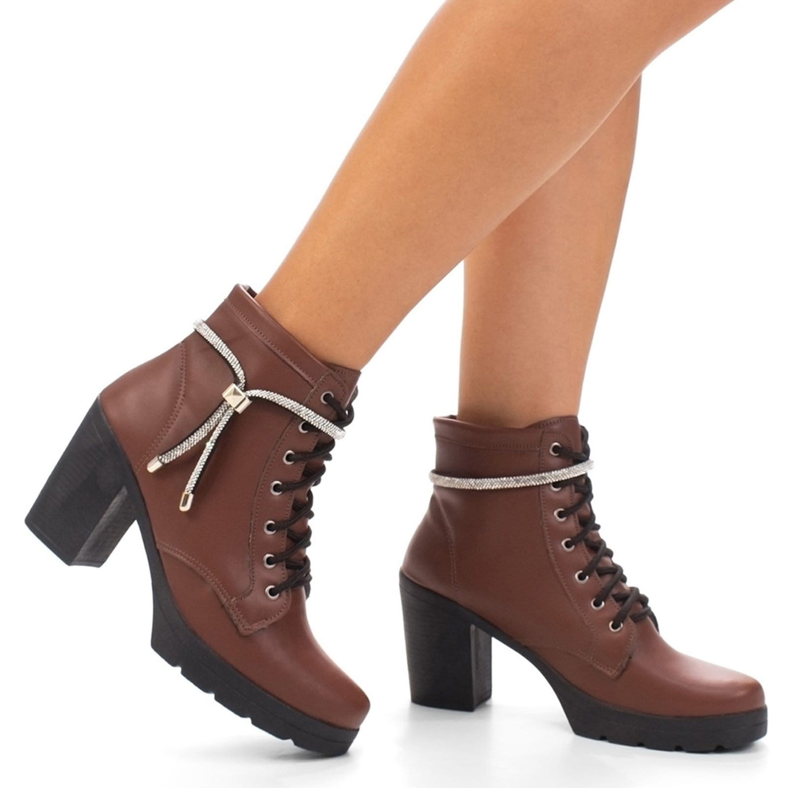 Vista 2 Coturno Feminino Bota Salto Alto Donatella Shoes Plataforma Terra Brilho Strass Cadarço Enfeite Removível Novo Donatella Shoes marrom