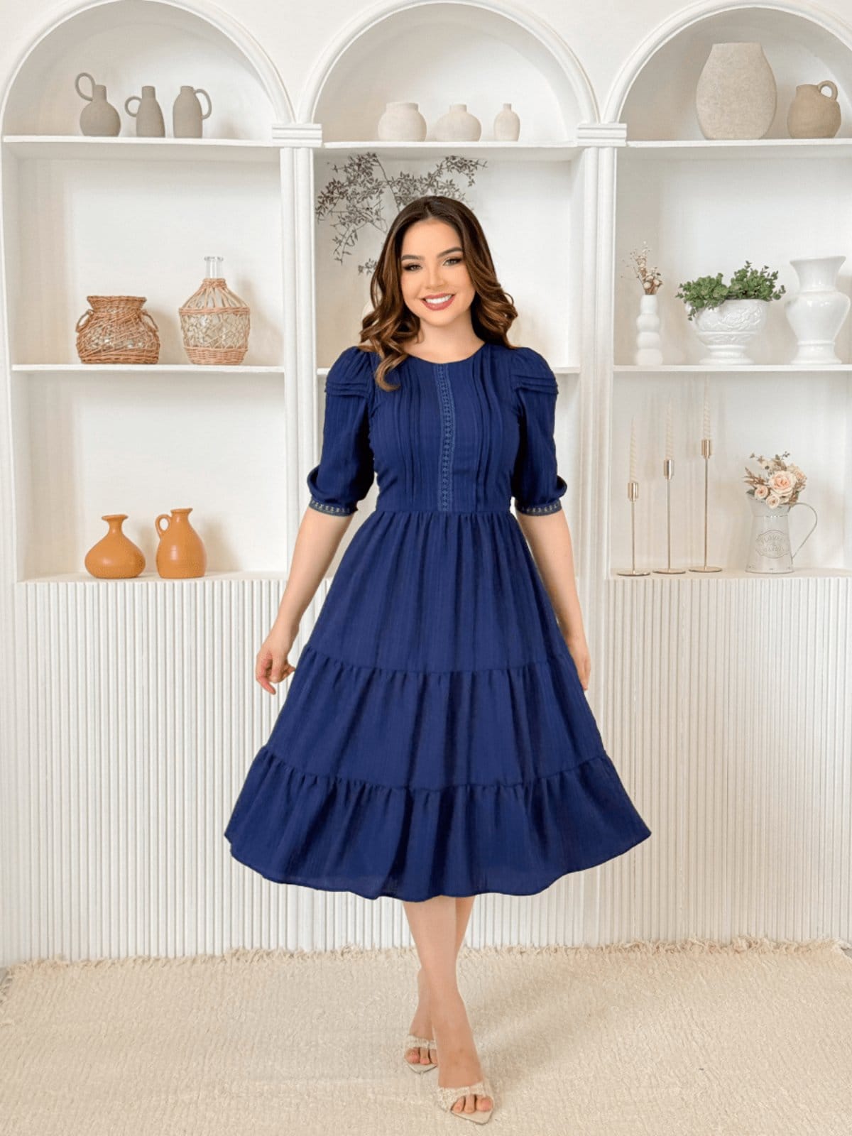 Vestidos Midi Elegante Festa Convidada com Manga e Guipir