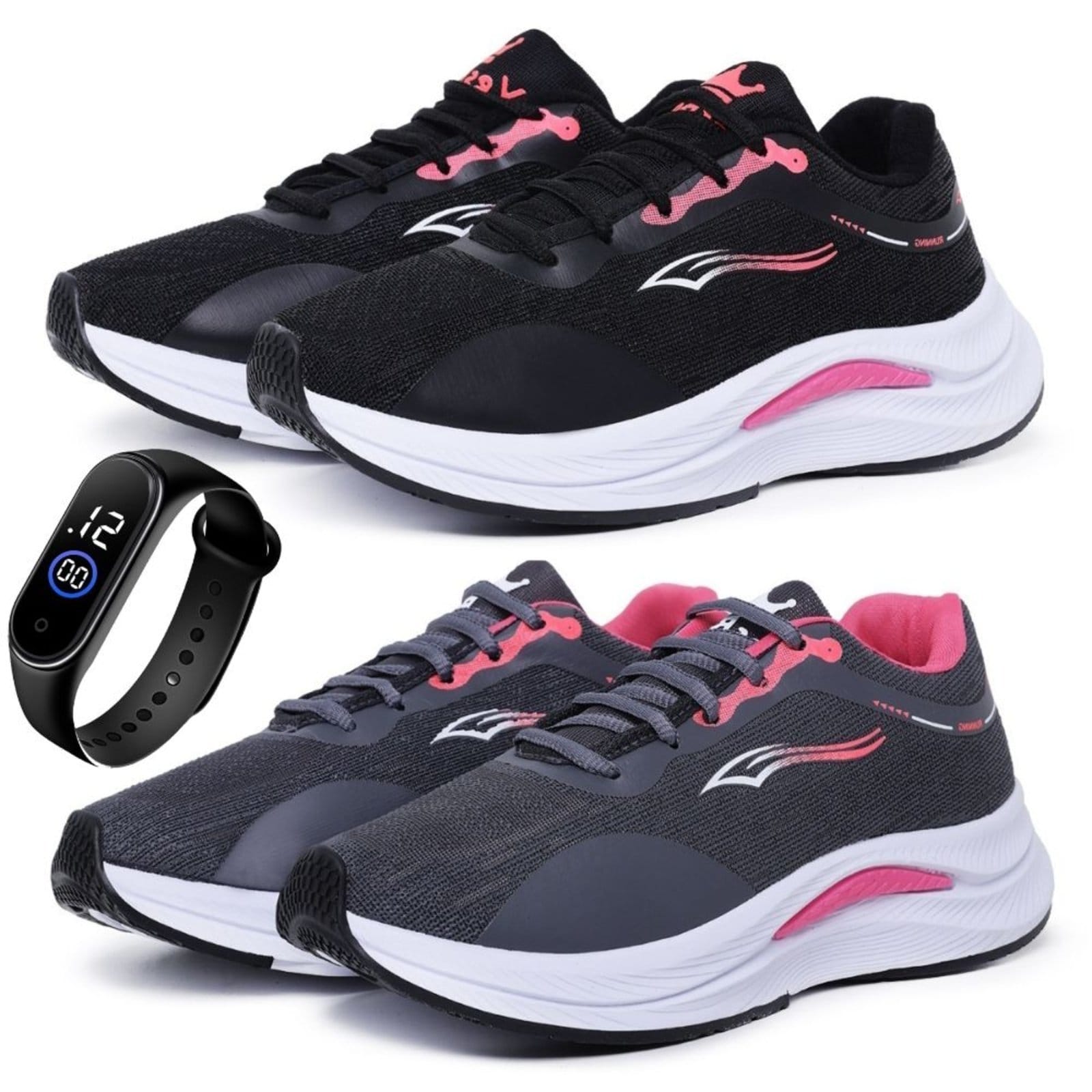 Vista principal Kit 2 Tênis BIa Ramos Esportivo Caminhada Academia Feminino Confortavel e Grafite + Relógio Bia Ramos preto