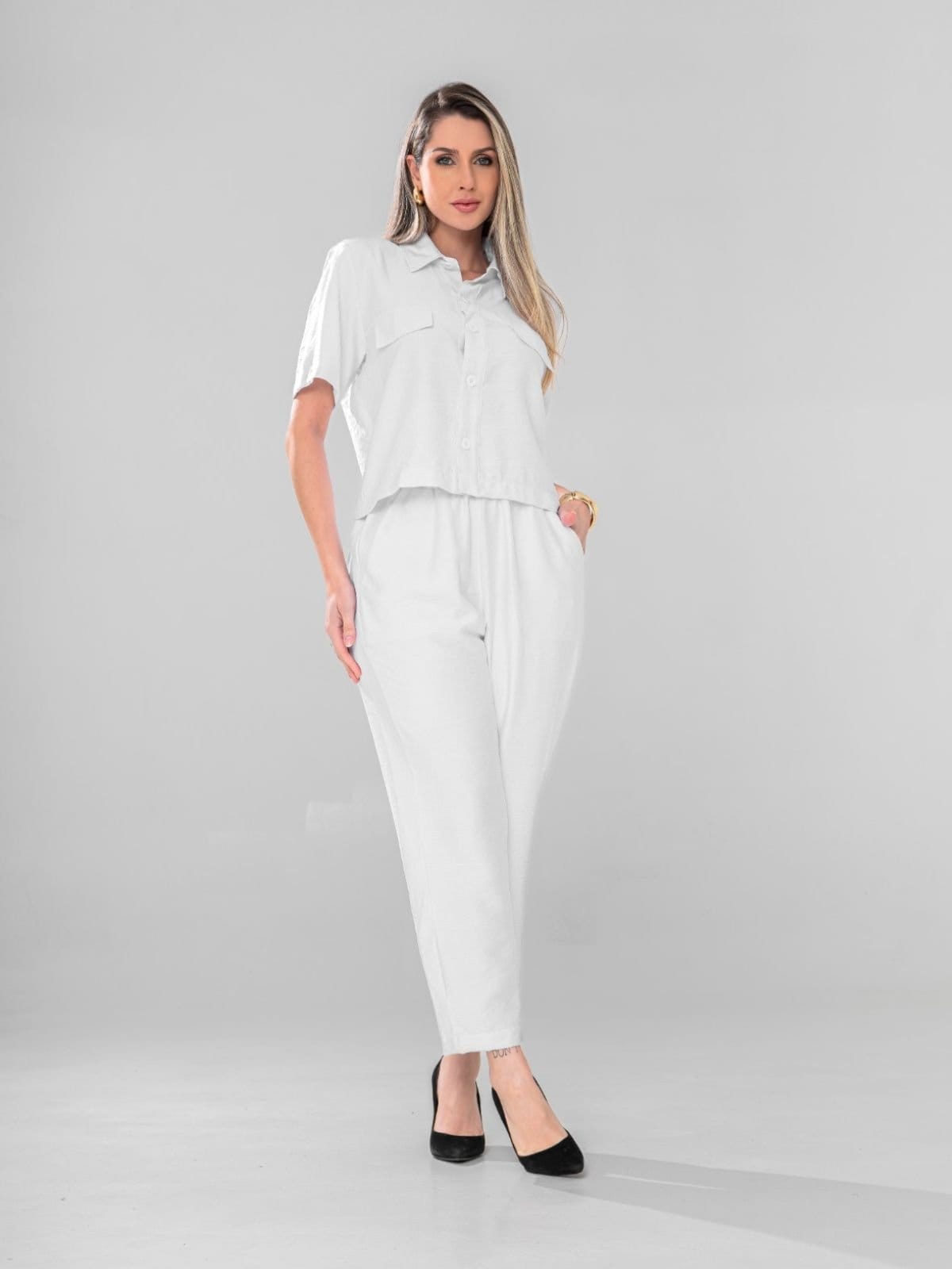 Vista principal Conjunto Feminino Camisa Cropeed e Calça Skinny Com Elástico Docce Mulher branco