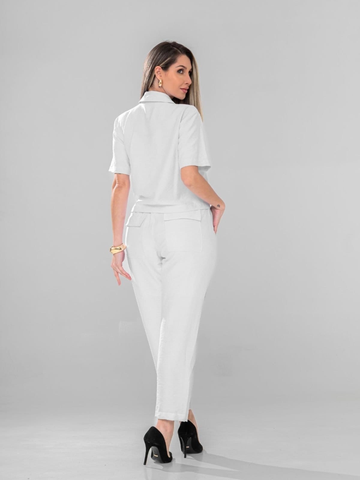 Vista 2 Conjunto Feminino Camisa Cropeed e Calça Skinny Com Elástico Docce Mulher branco