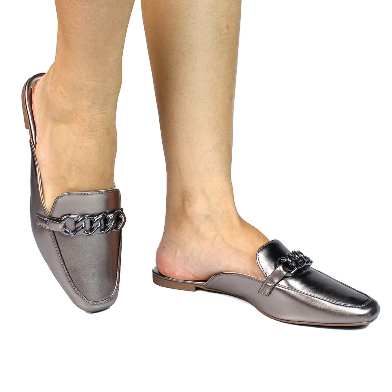 Vista 2 Sapato Mule Femino Donatella Shoes Bico Quarado Corrente Colorido Metalizado Monte Shoes prata velho