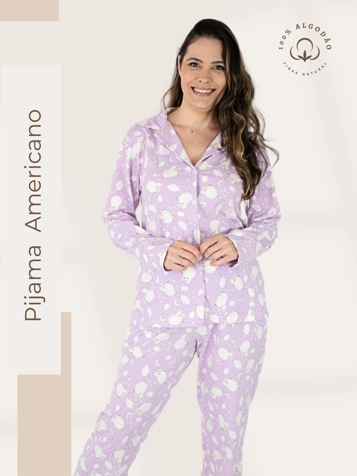 Vista principal Pijama Americano Longo Algodão Amanda - Ovelha Piante lilás