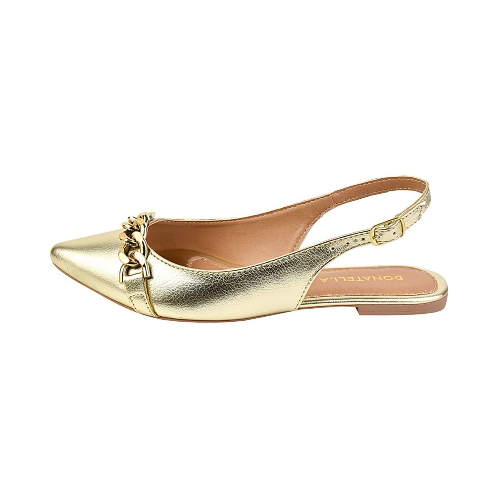 Vista 2 Sapatilha Feminina Bico Fino Mule Slingback CM Calçados Corrente Ouro Light Monte Shoes dourado