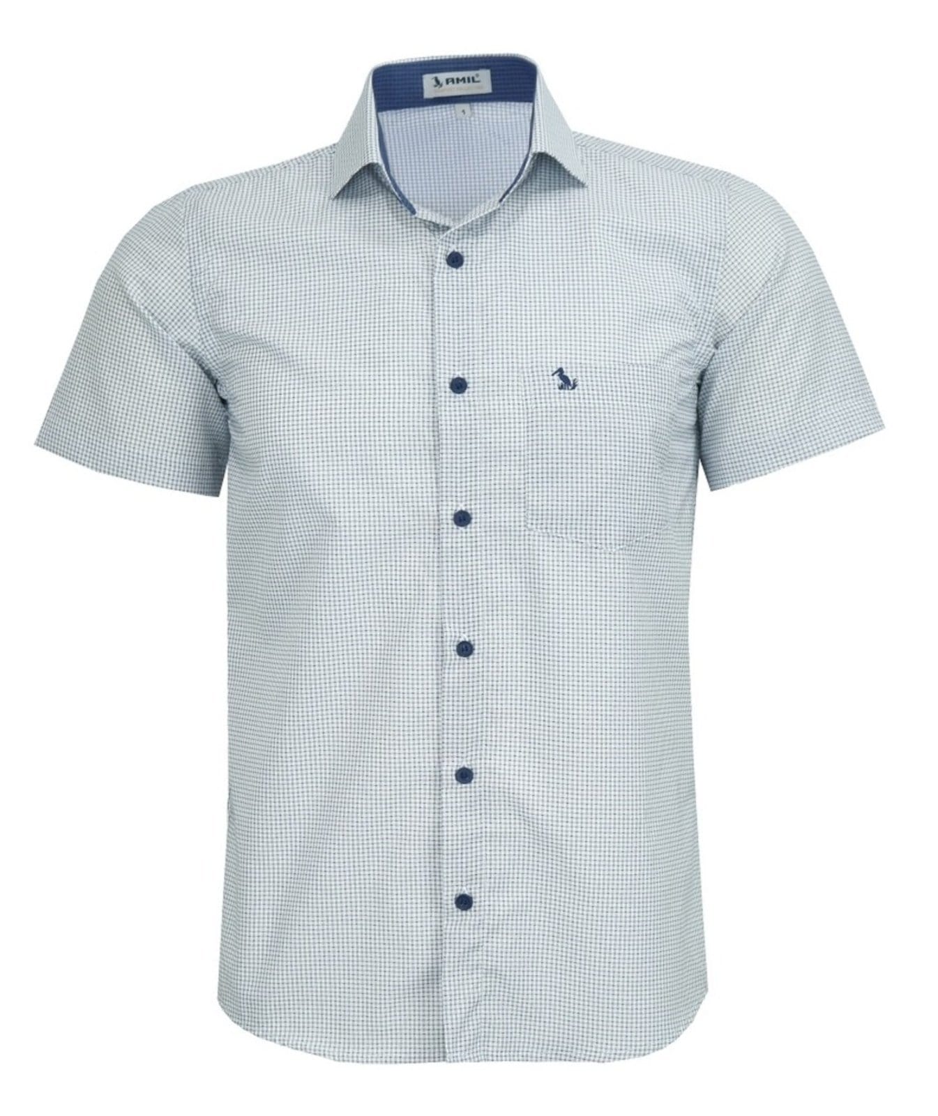 Camisa Social Amil Estampado Comfort Ferrix Manga Curta Misto Com Bolso Bco/Marinho
