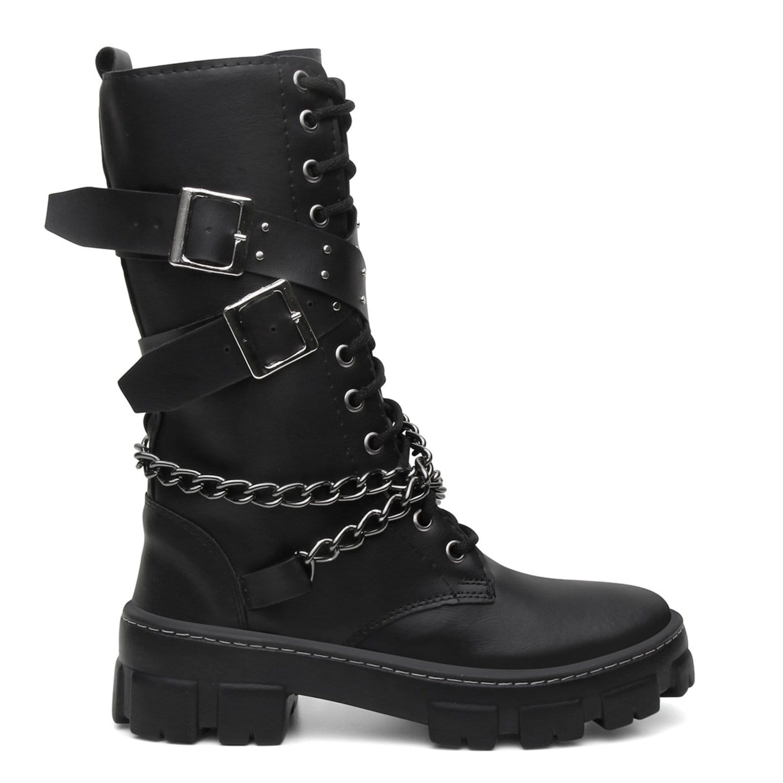 Vista 2 Coturno Feminino Casual Anna Andrade Bota Cano Alto Tratorada Amarrar Tendência Anna Andrade preto