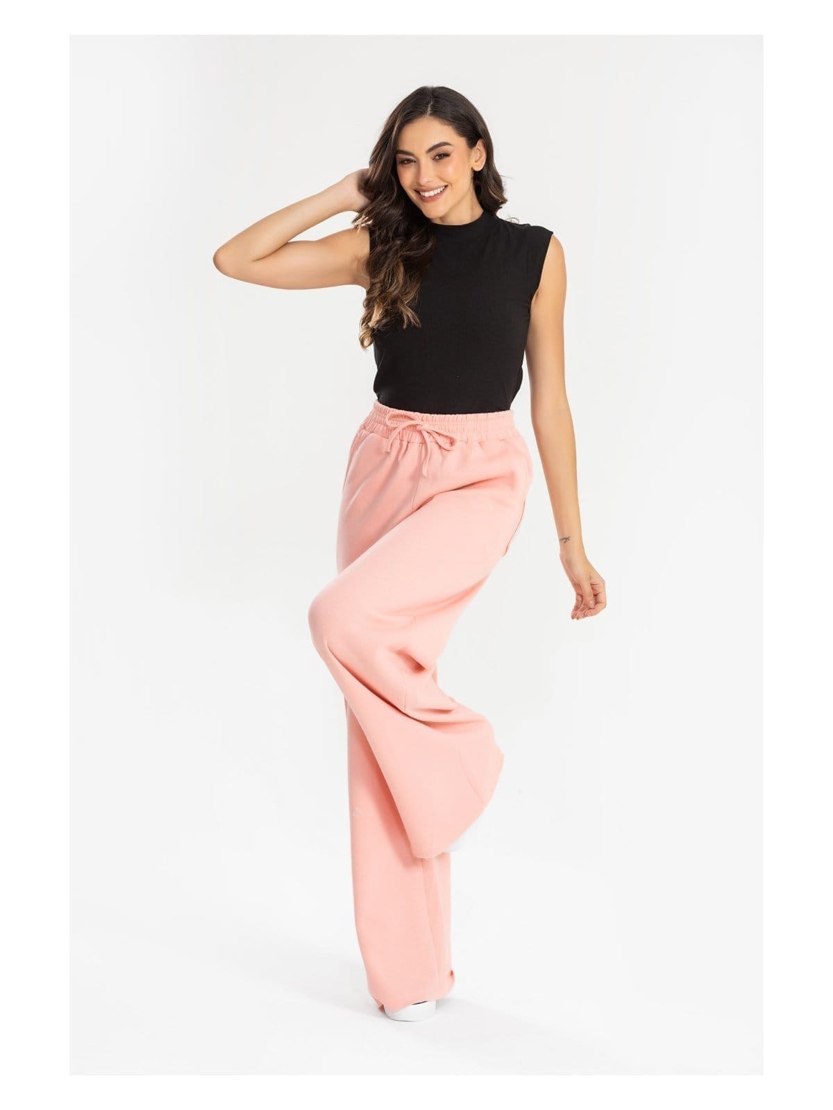 Vista 2 Calça Moletom Wide Leg Tai Feminina Confortável Meu Jeans rosa