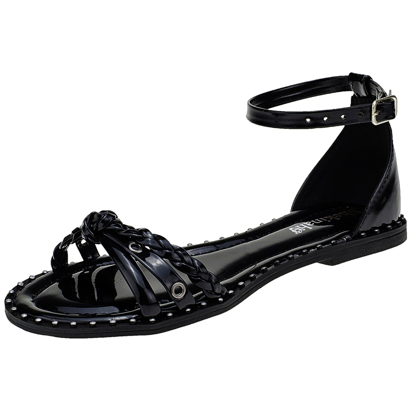 Vista principal Sandália Feminina Rasteira Rasteirinha Shekinah Trançinha Sola Tacha Shekinah preto