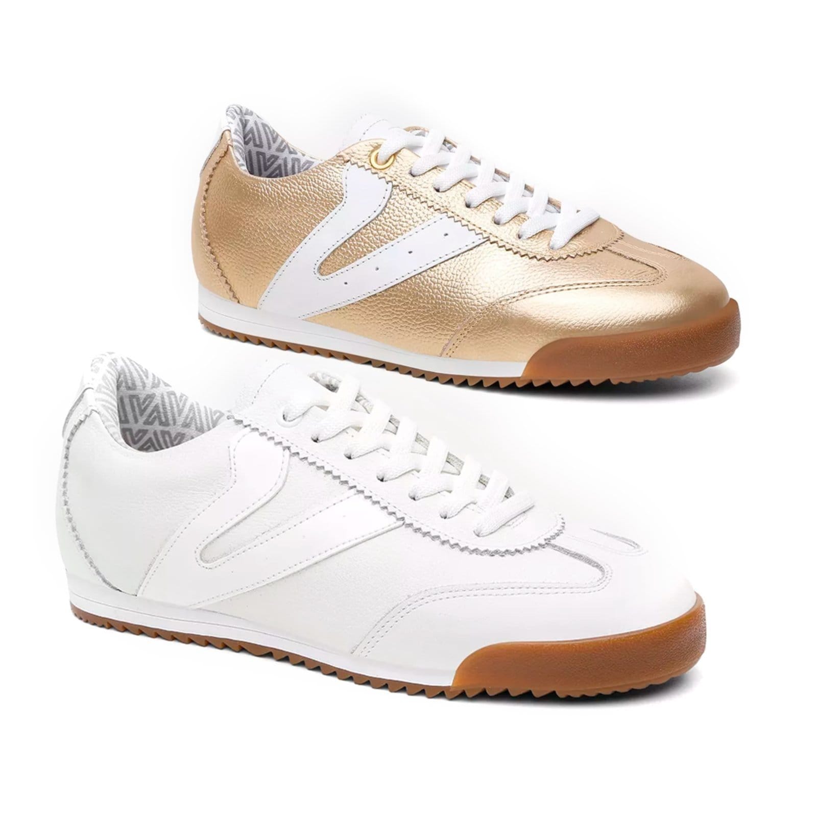 Kit 2 Tênis Feminino Vittal Couro Legítimo Naomi Casual Clássico Retrô OffWhite e Dourado