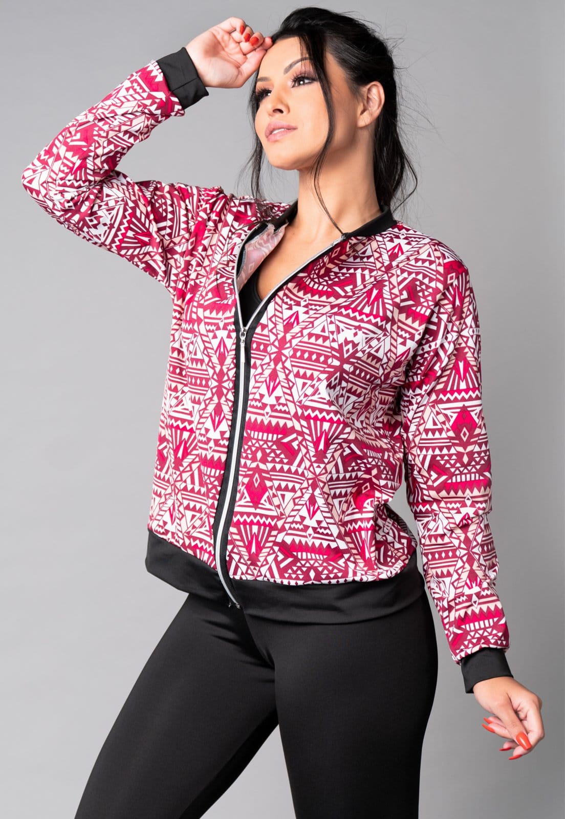Vista principal Casaco MVB Modas Jaqueta Bomber Zíper Suplex Espelhado Mvb Modas branco/estampado/multicolorido/rosa
