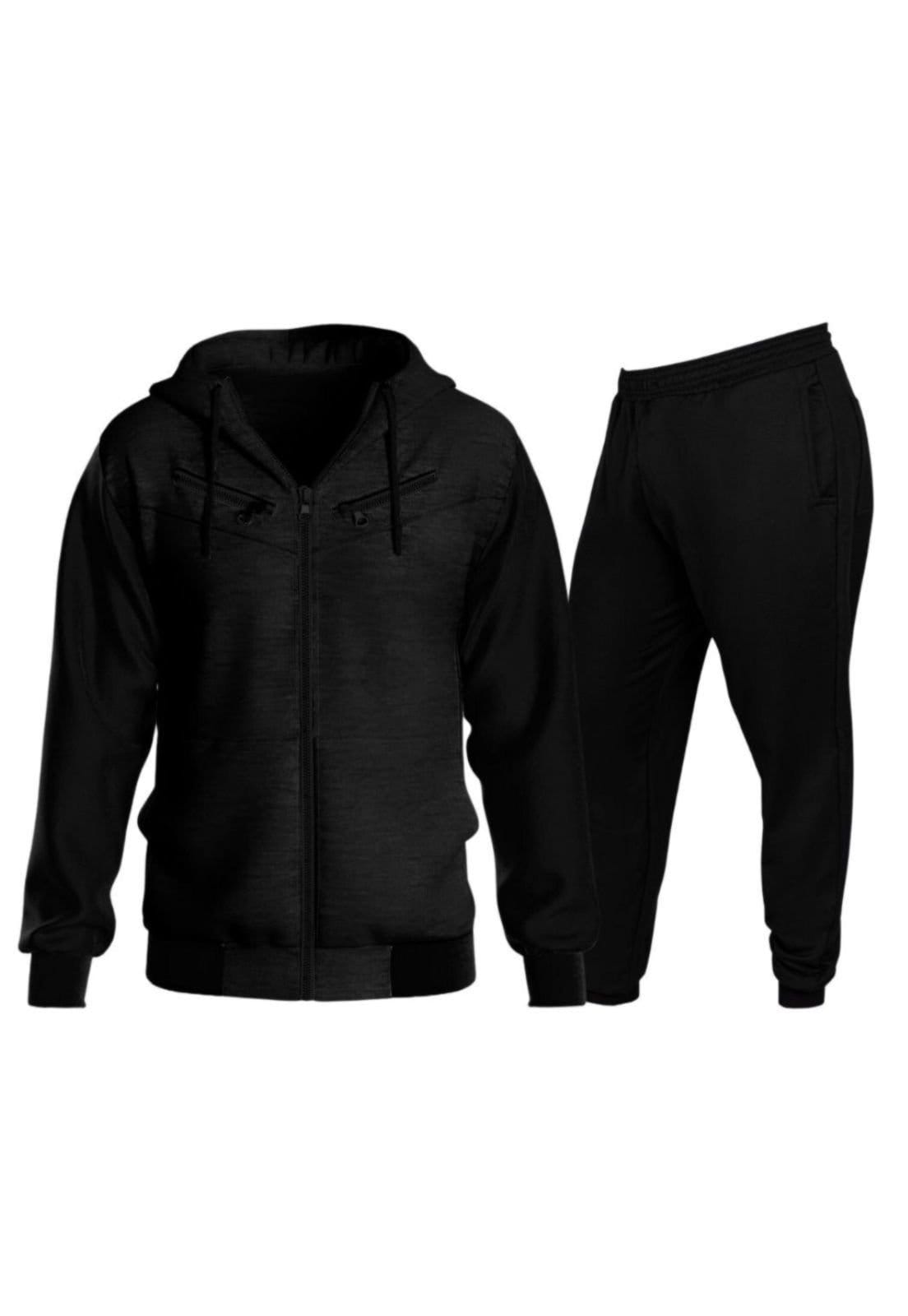 Conjunto Moletom Relaxado Blusa de Frio Zíper e Calça Jogger Preta
