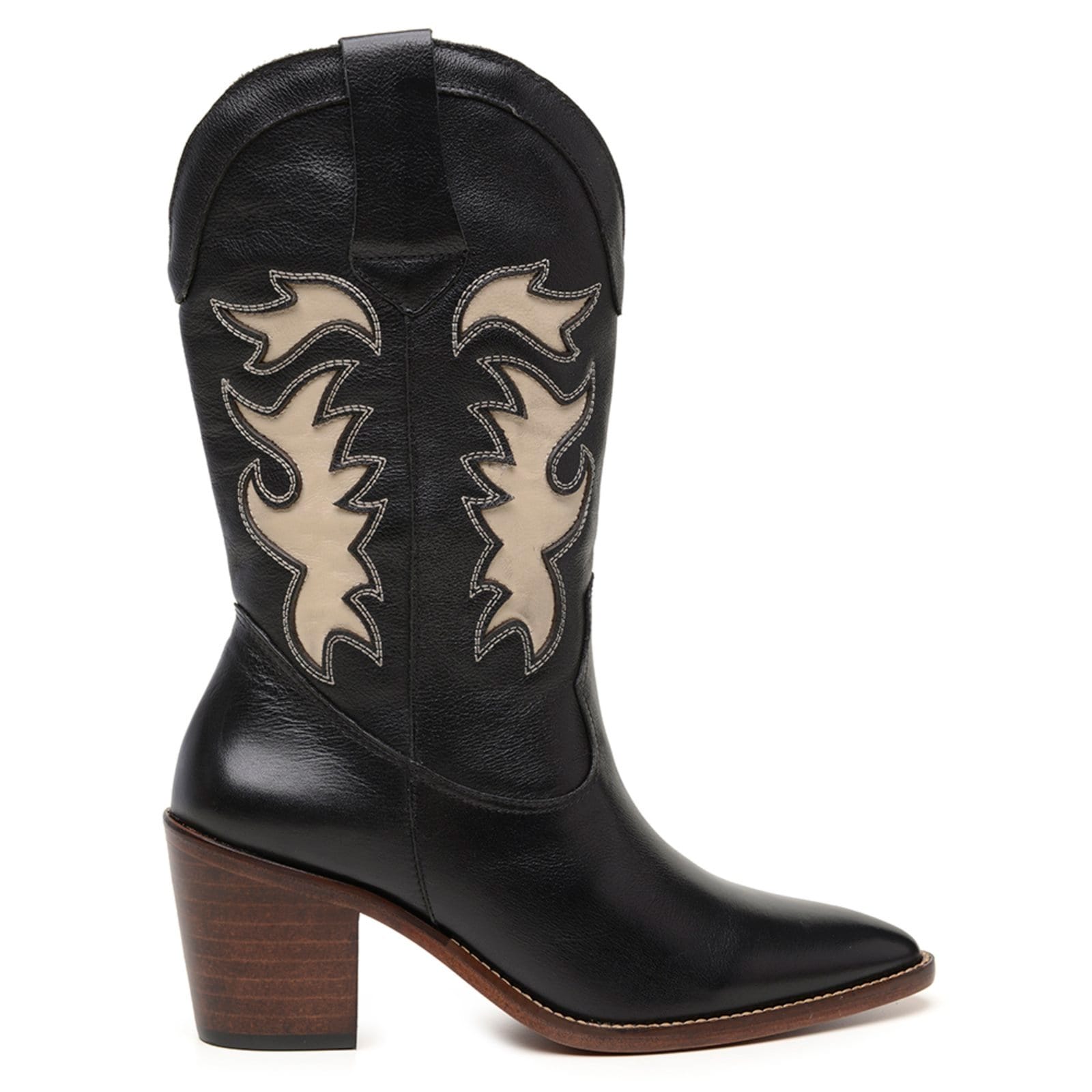 Vista 2 Bota Feminina Western Couro Anna Andrada Texana Cano Alto Sola Couro Tendência Anna Andrade preto