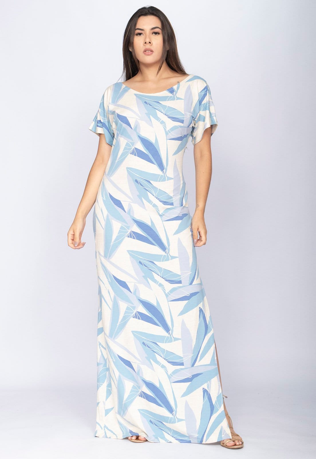 Vista principal Vestido CabanaFree Longo Malha Fenda na Lateral Estampa Selvagem Blue Cabanafree azul/estampado blue