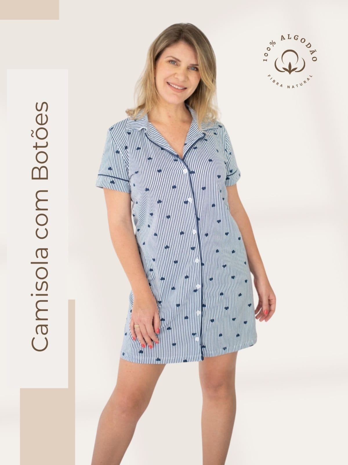 Vista principal Camisola Algodão Americana Curta Fiama Listrado Coração - Marinho Piante azul marinho