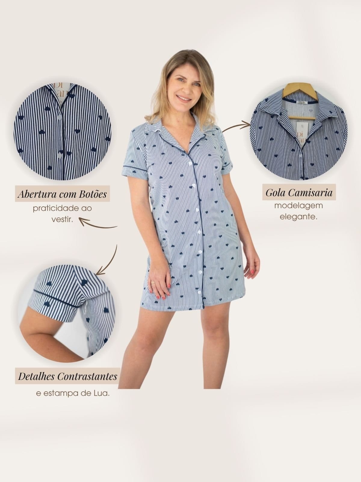 Vista 2 Camisola Algodão Americana Curta Fiama Listrado Coração - Marinho Piante azul marinho