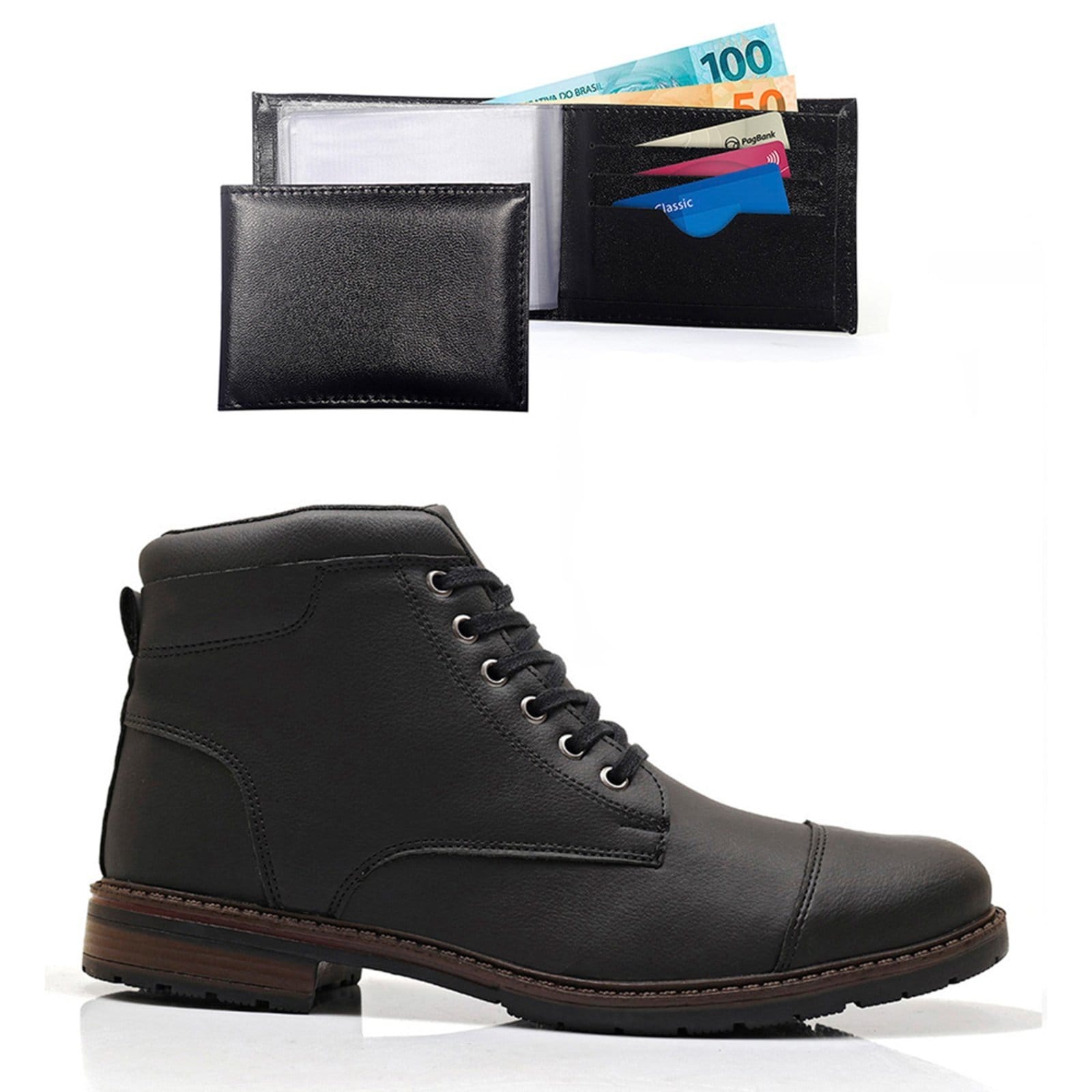 Bota Masculina Casual Confortavel Com Carteira Bredeni Coturno Preta