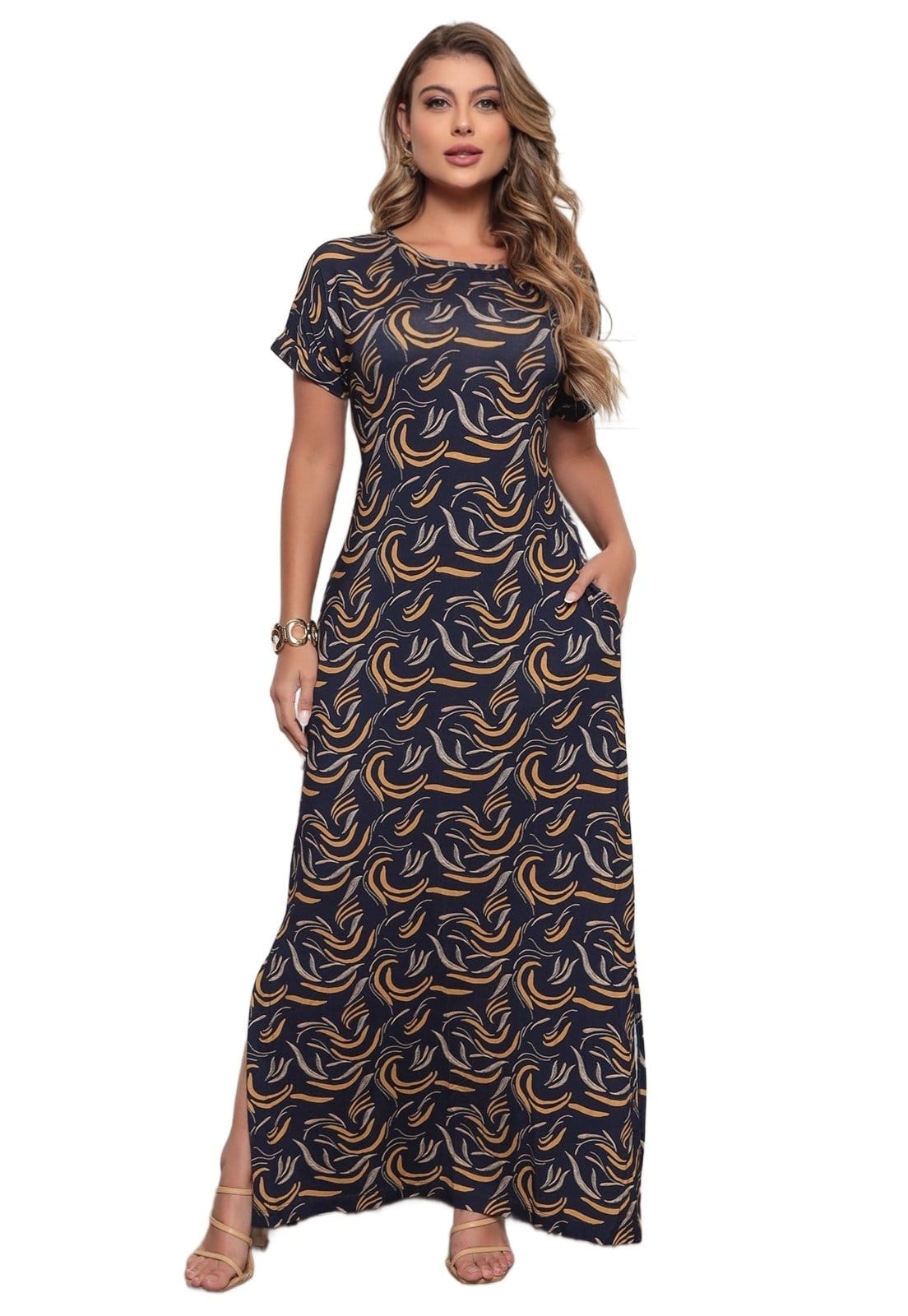 Vestido Longo Loose Dellamarca Viscolycra Estampado Confortável