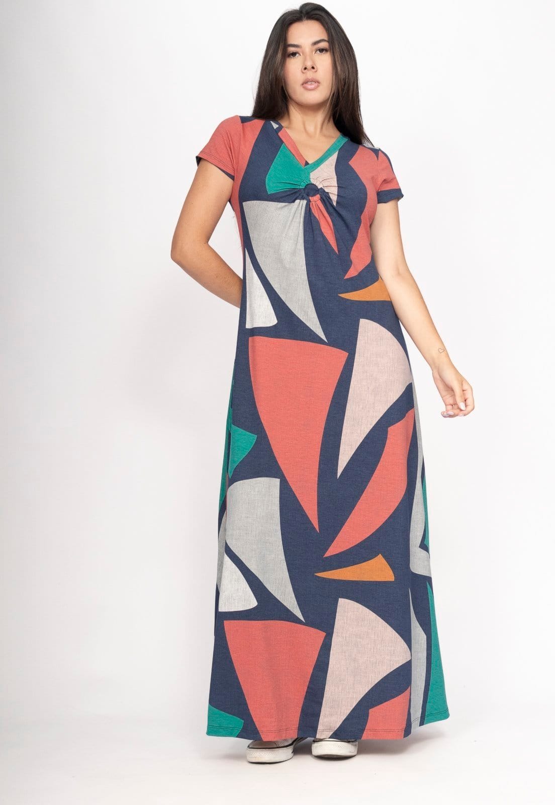 Vista 2 Vestido Amaoznia Vital Coema Longo Malha Detalhe no Busto Geometrias do Tempo Amazonia Vital estampado