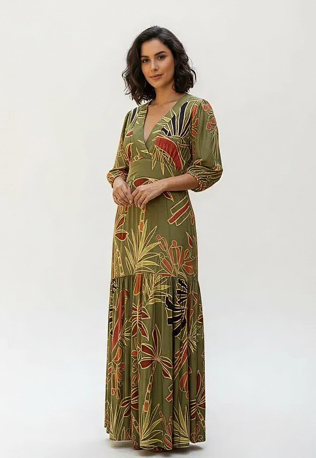 Vestido CabanaFree Longo Selva Nobre Manga 3/4 Estampa Folhas da Terra