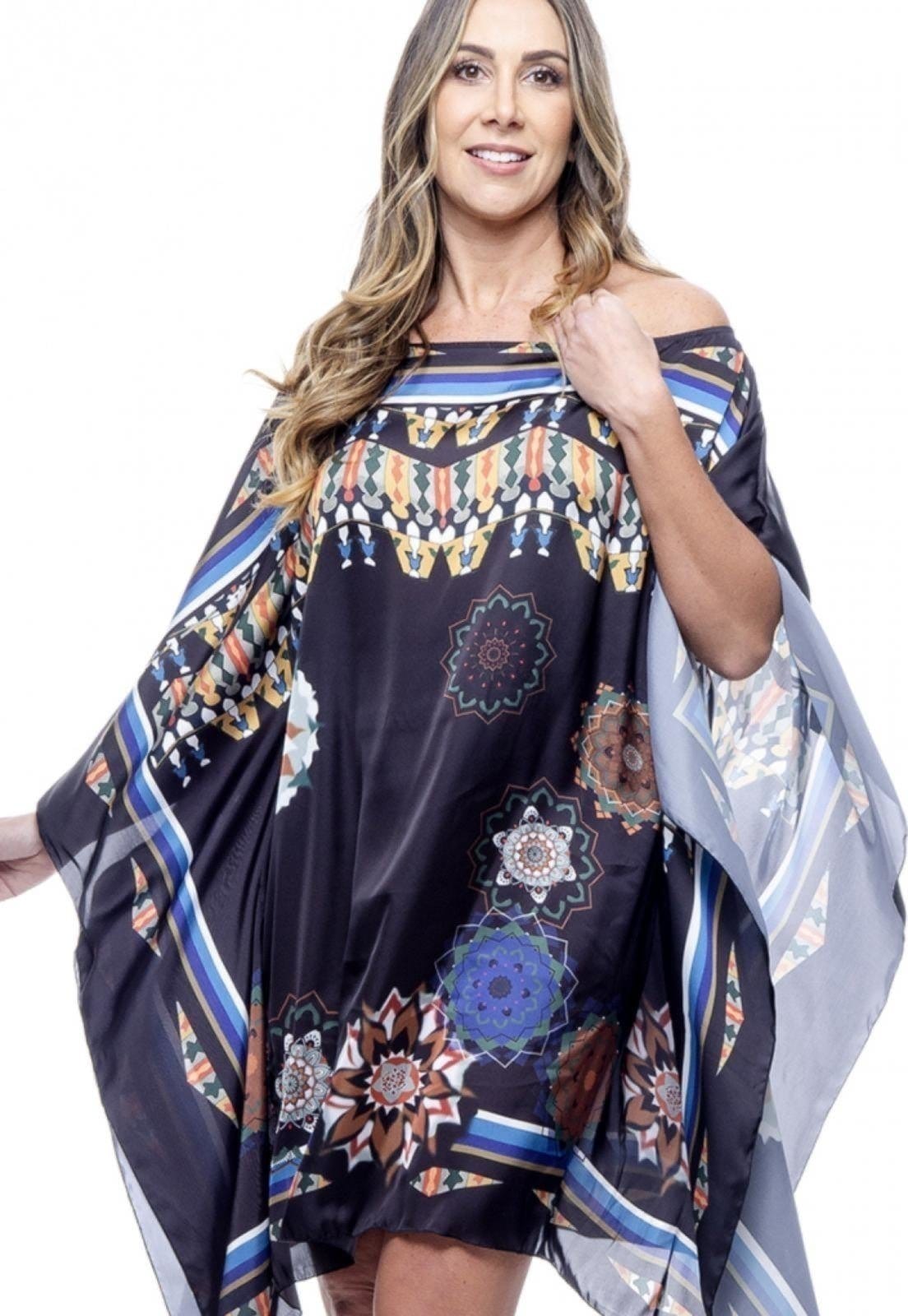 Vestido Kaftan Amplo Cetim Estampado Exclusivo Mandalas