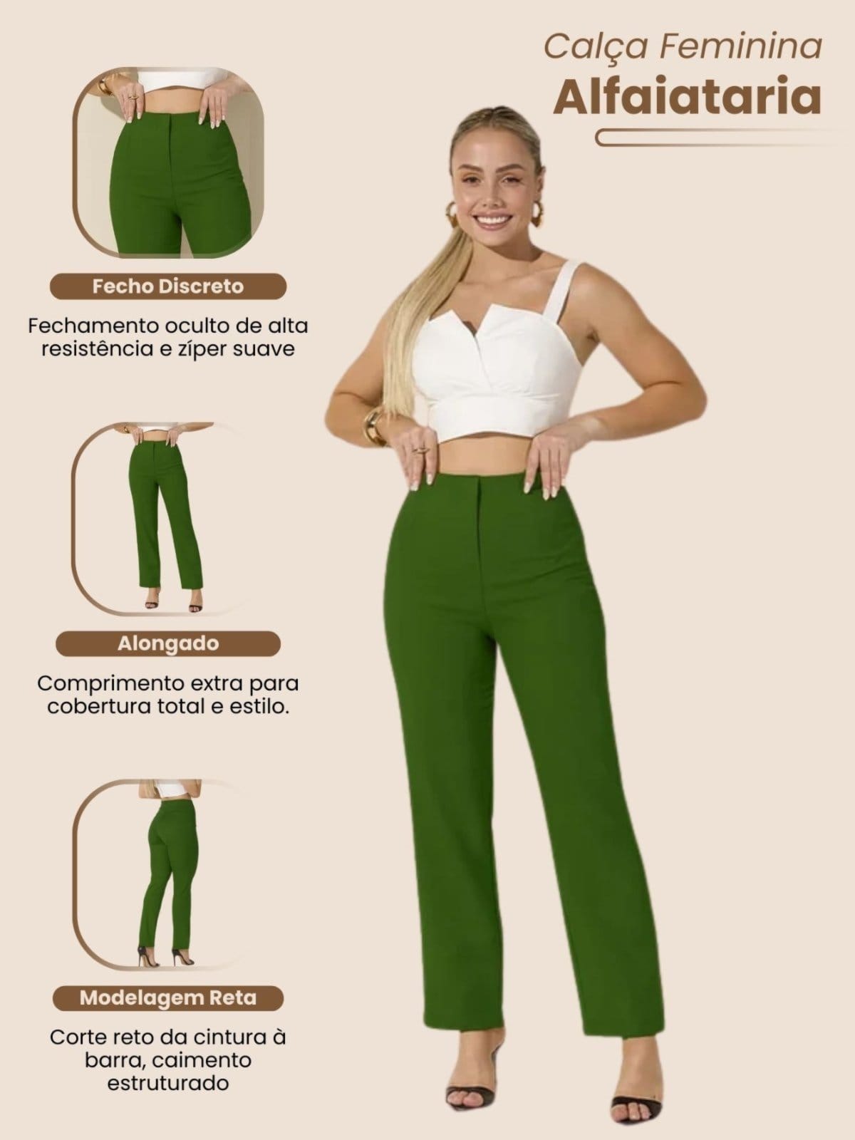 Vista 2 Calça Feminina Alfaiataria Social Cintura Alta Reta Elegante Vicio Fatal laranja