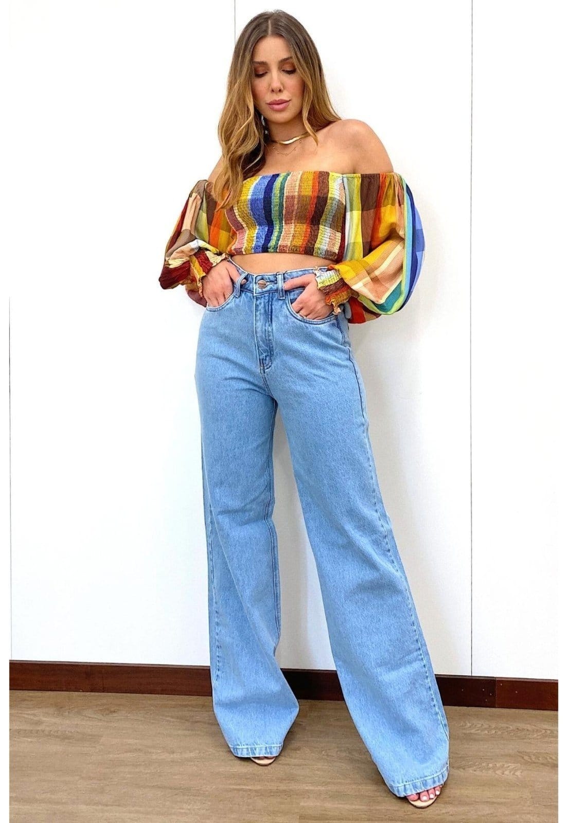 Vista 2 Calça Wide Leg Reta Marmorizada Gio Meu Jeans jeans