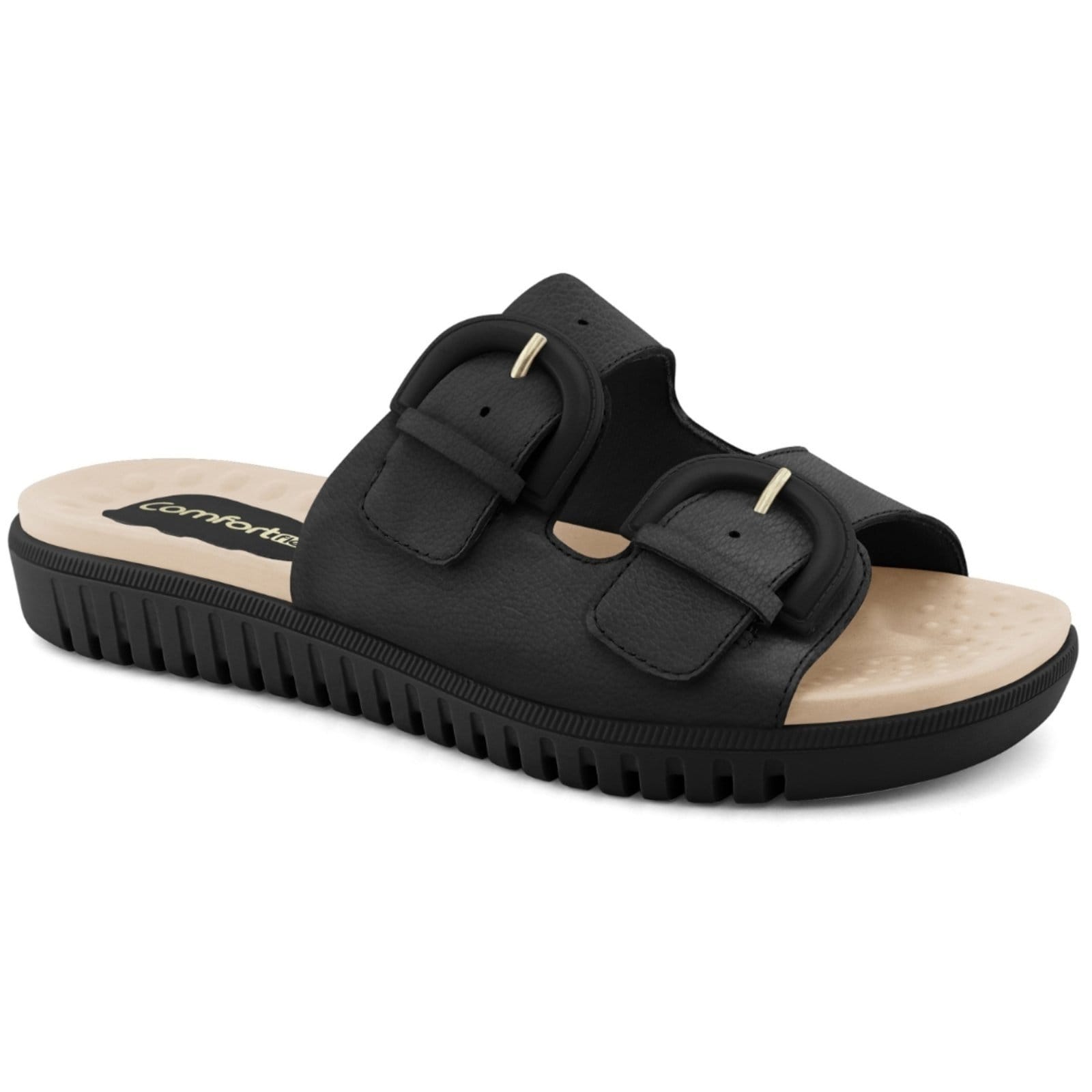 Sandália Flat Feminina Couro Floter Preta Comfortflex 234