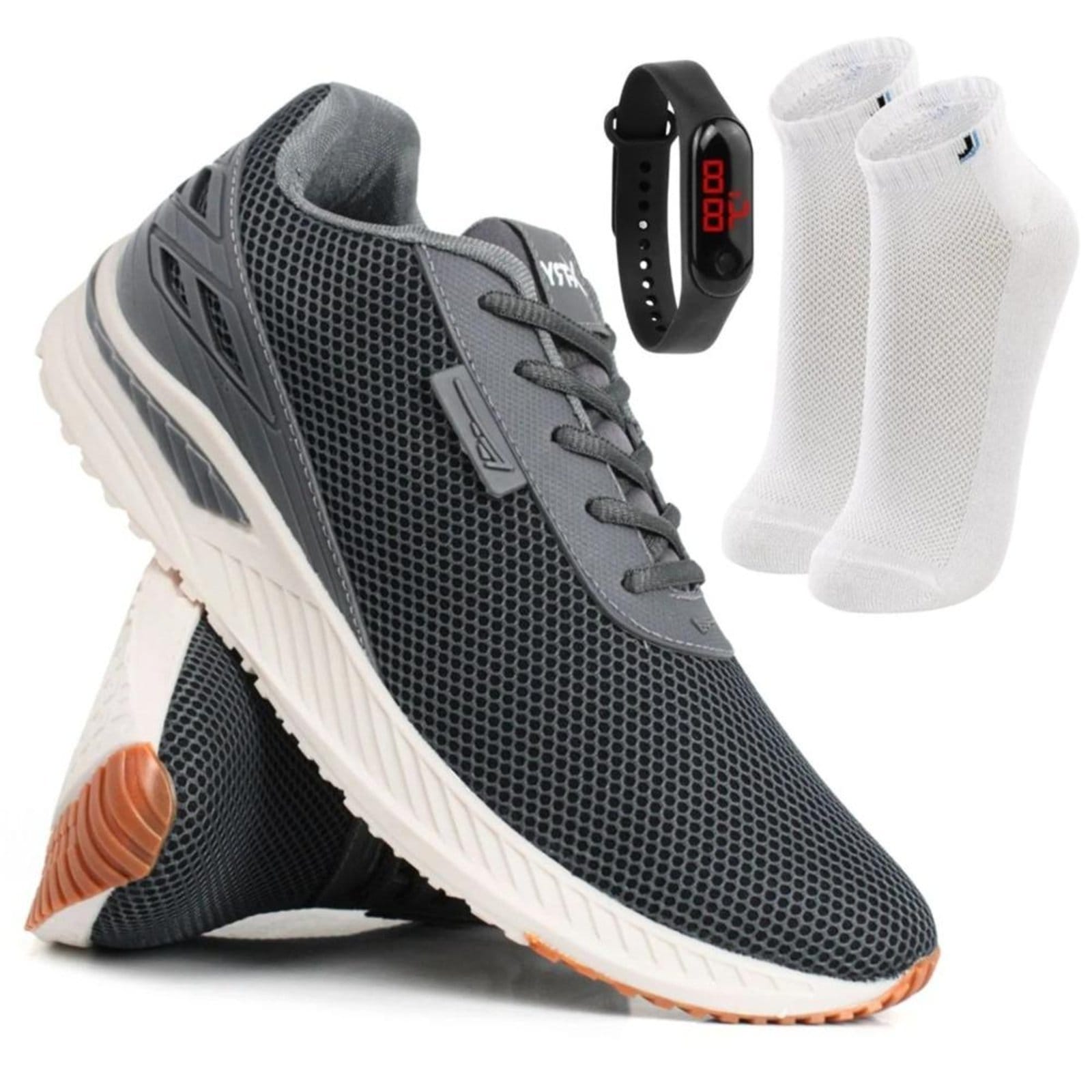 Vista principal Kit Tênis Masculino Esportivo Running + Relógio Digital + Par Meias Lupo Sapatofran cinza