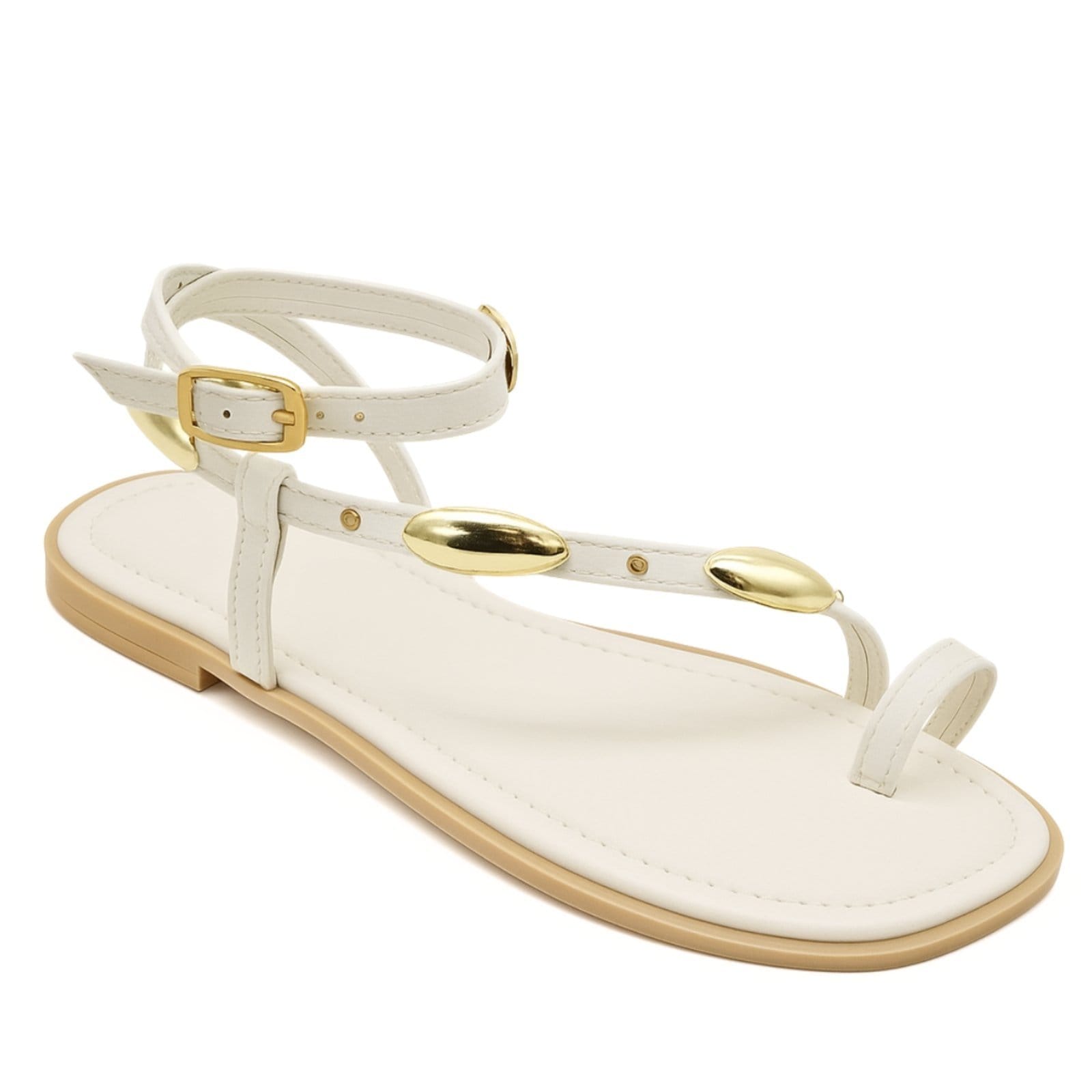 Rasteira Feminina Dedo Tiras Detalhes Ouro Estilo Chic Flor da Pele 309 Off White