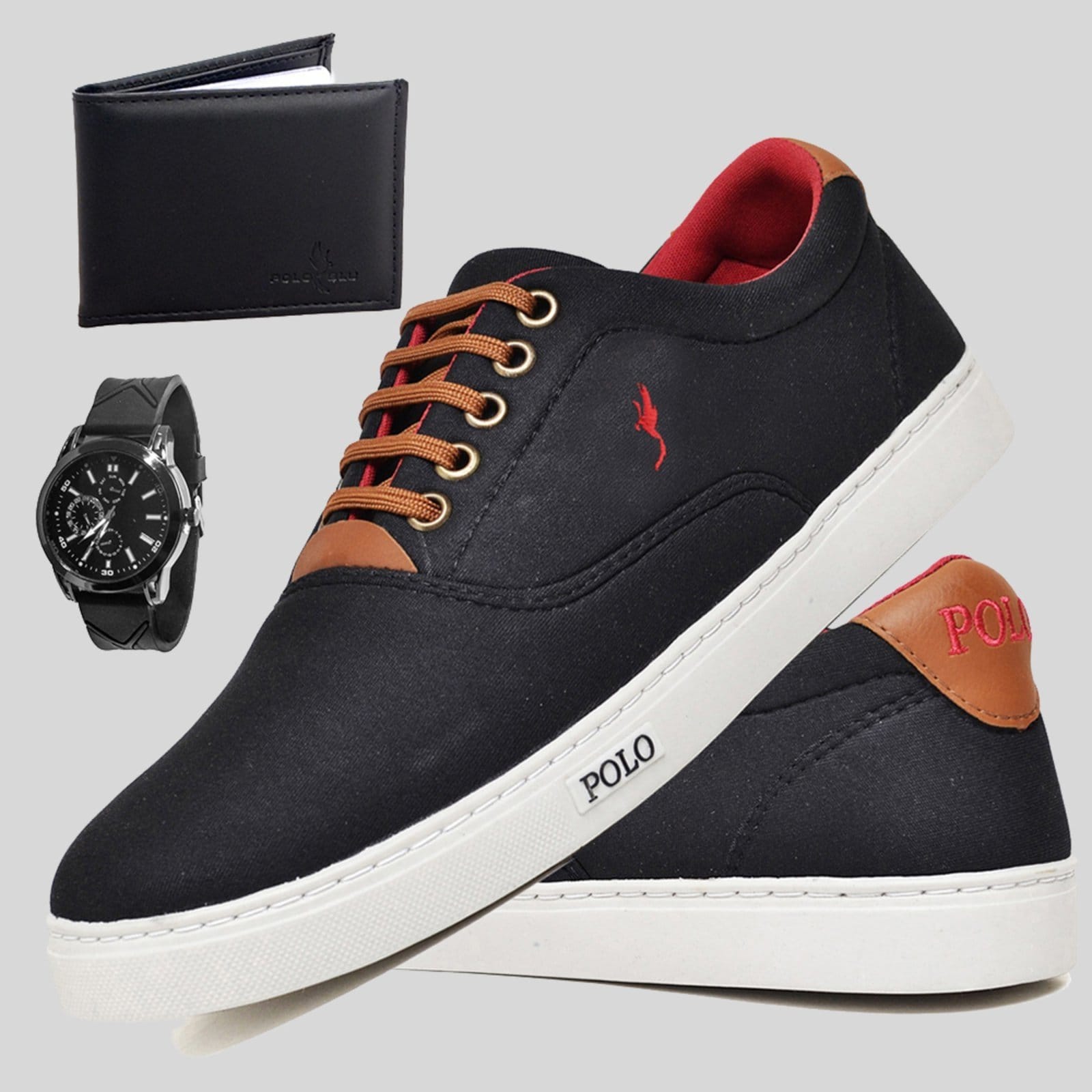 Sapatênis Casual Masculino Cano Baixo Kit Relógio e Carteira Polo Blu Preto