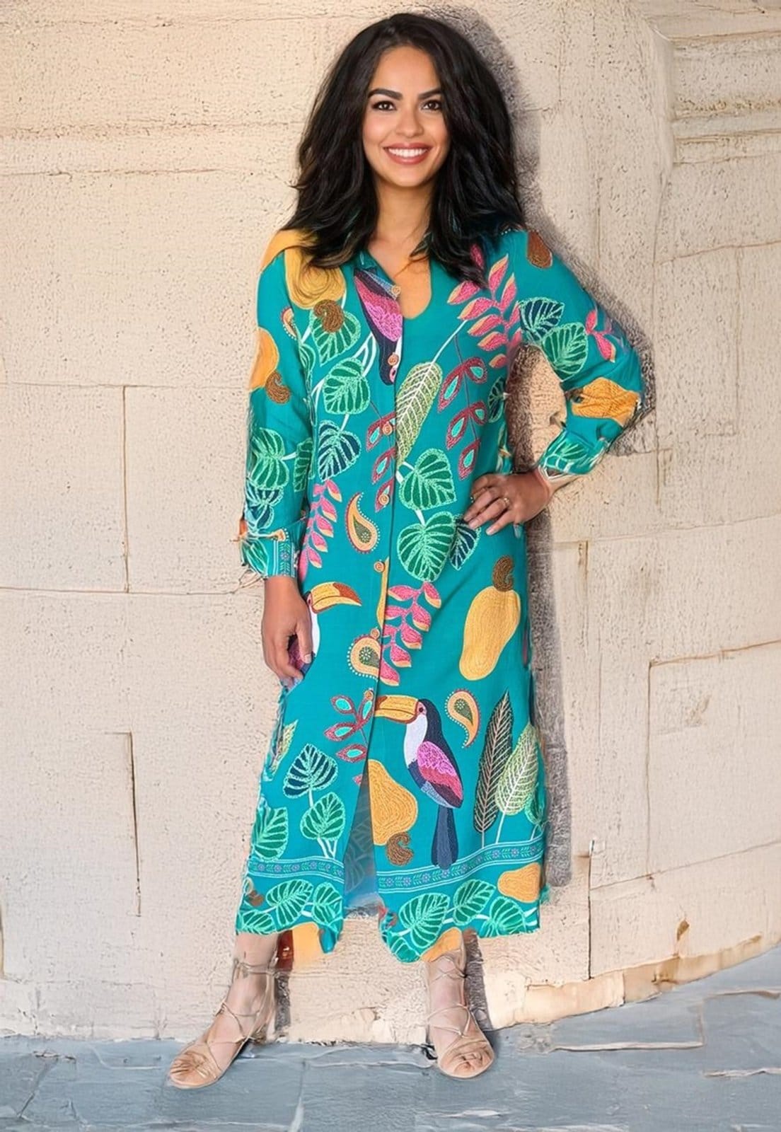 Vista 2 Vestido Cabanafree Chemise Viscose Alegria Tropical Cabanafree amarelo/azul/vermelho