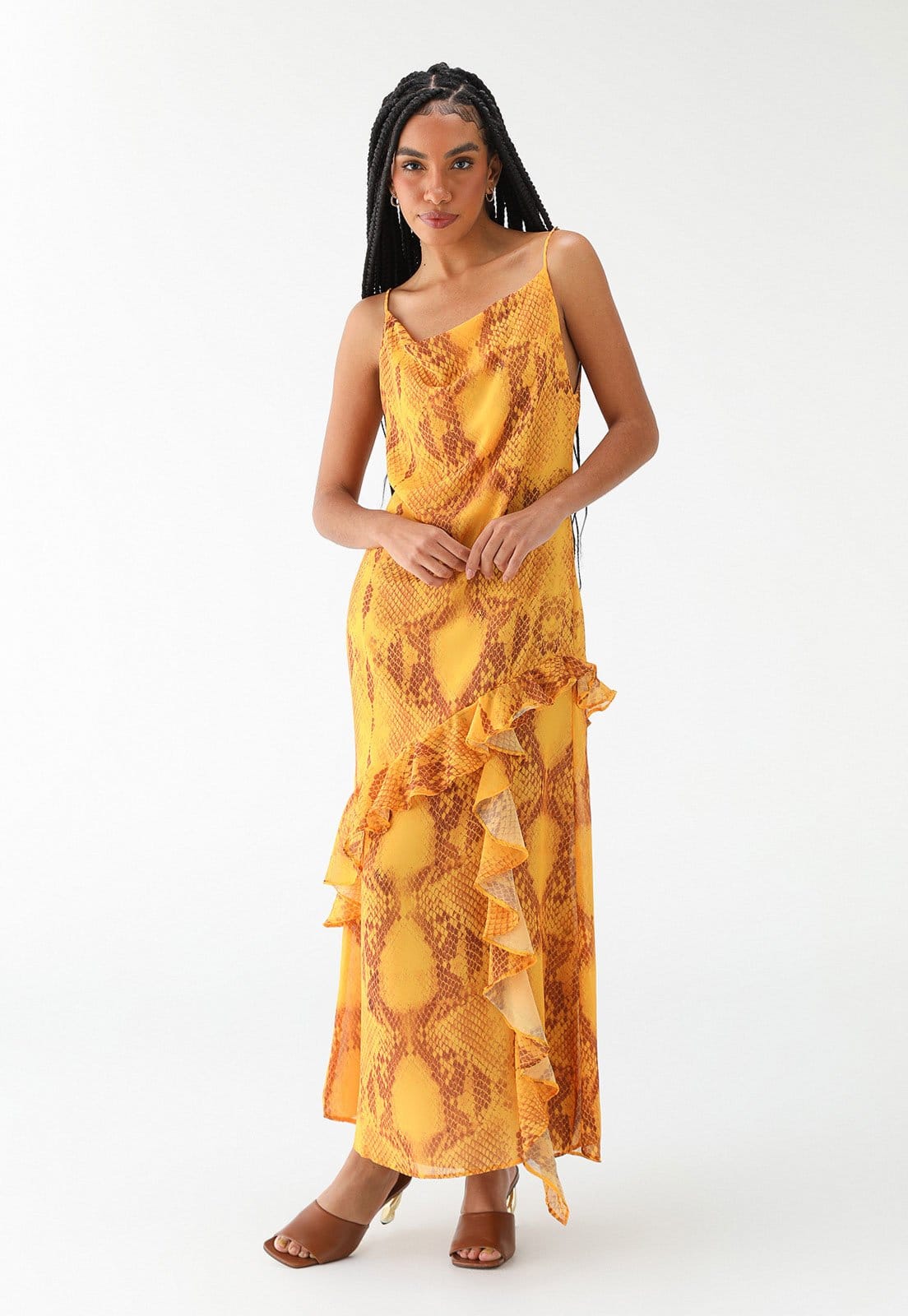 Vista principal Vestido Lança Perfume Longo Babado Lança Perfume amarelo