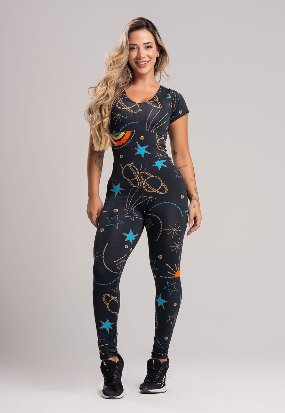 Macacão MVB Modas Longo Feminino Manga Curta Fitness Suplex Cosmic