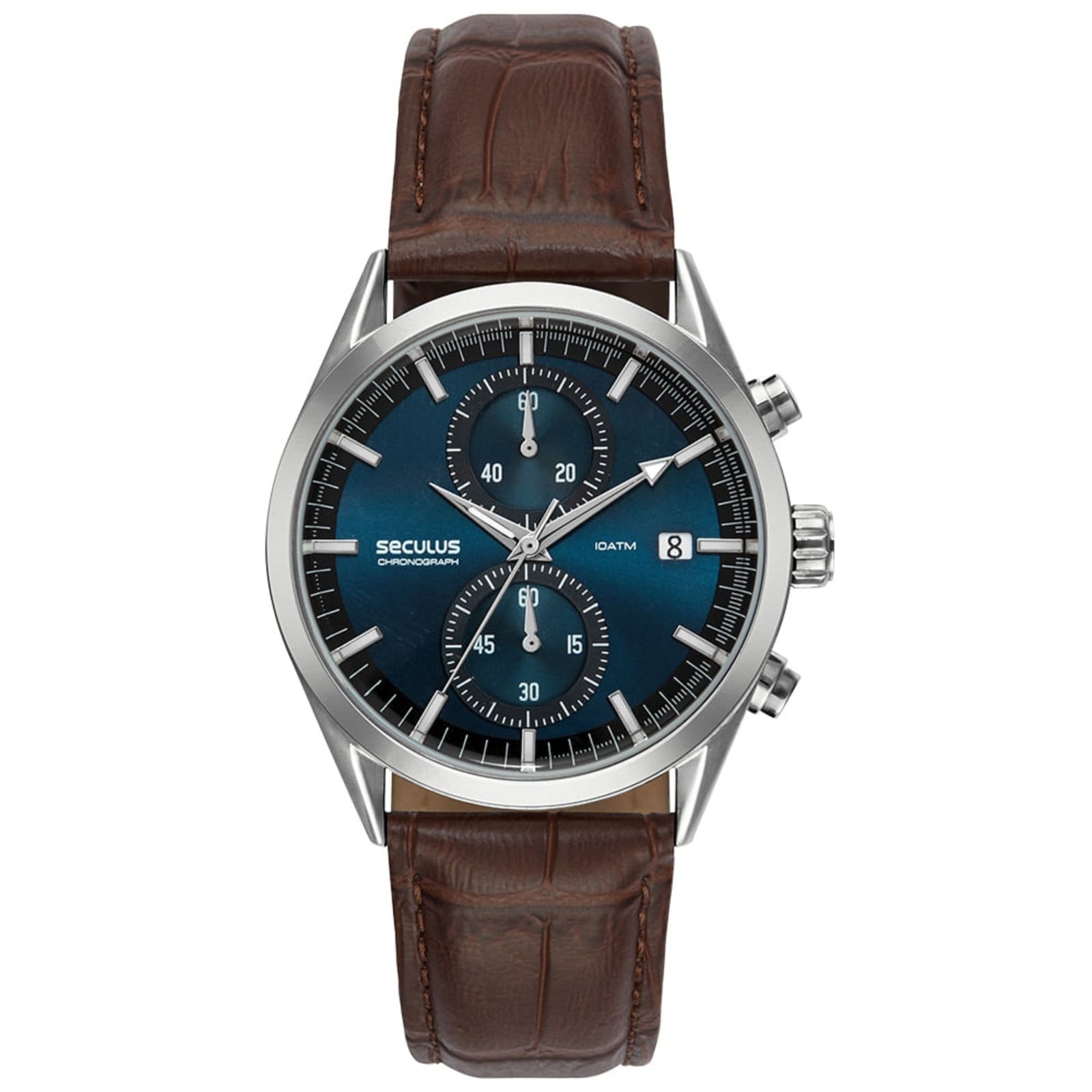 Vista principal Relógio Masculino Cronógrafo Vidro Abaulado Couro Prata Seculus marrom