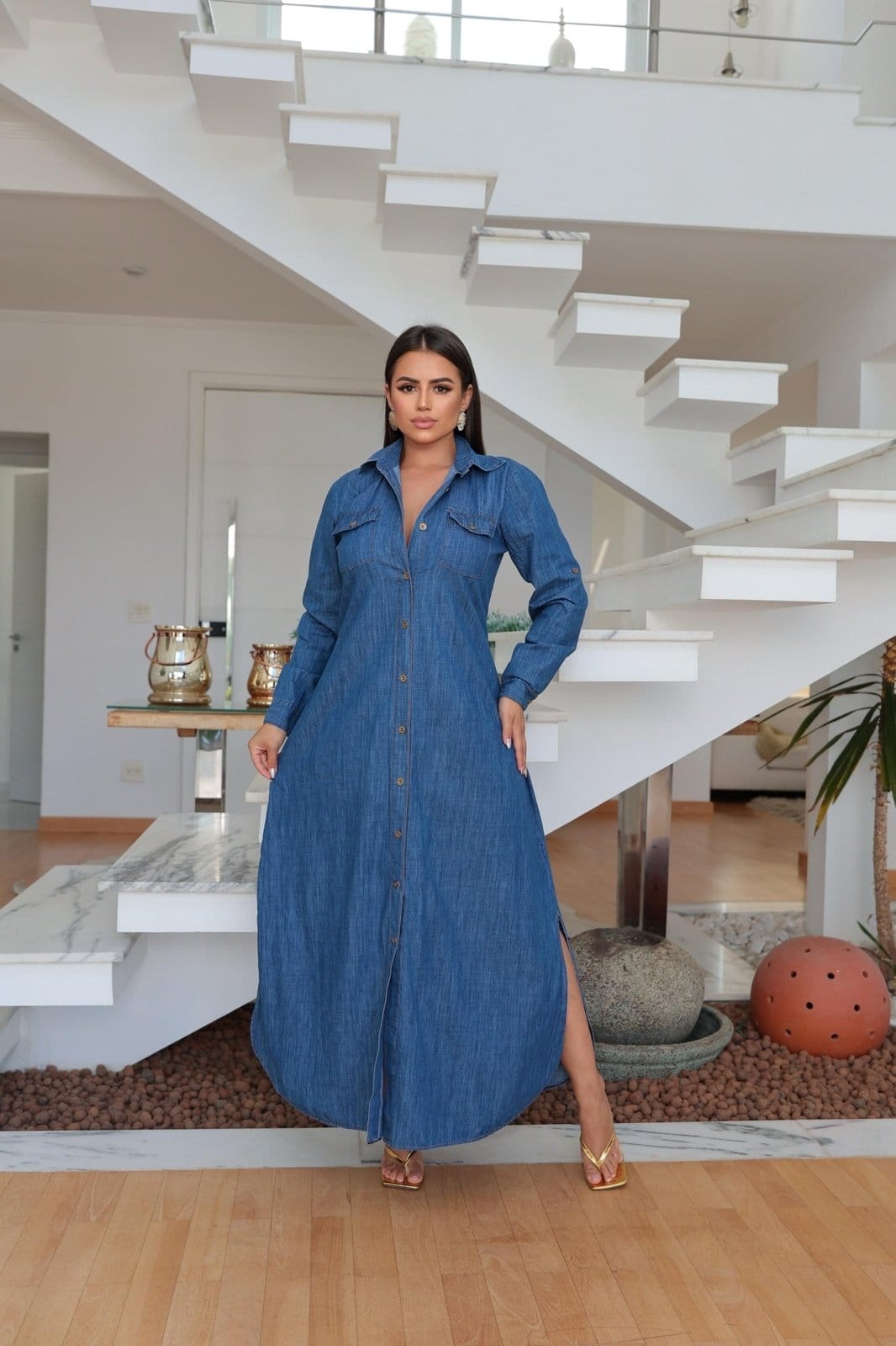 Vista 2 Vestido Cabanafree jeans longo Chamise Cabanafree azul