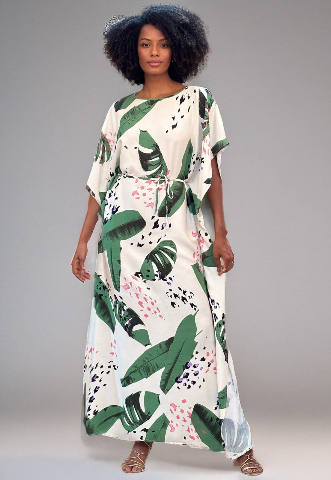 Vista principal Vestido Amazonia Vital Kaftan Viscose Longo Estampa Folhagem Poética Amazonia Vital branco/estampado/verde