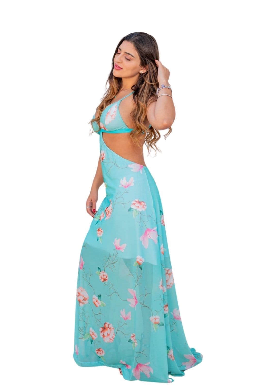 Vista 2 Vestido de Verão Abertiura Premium Frente Única Longo Cia do Vestido azul/floral/rosa/verde/verde oliva