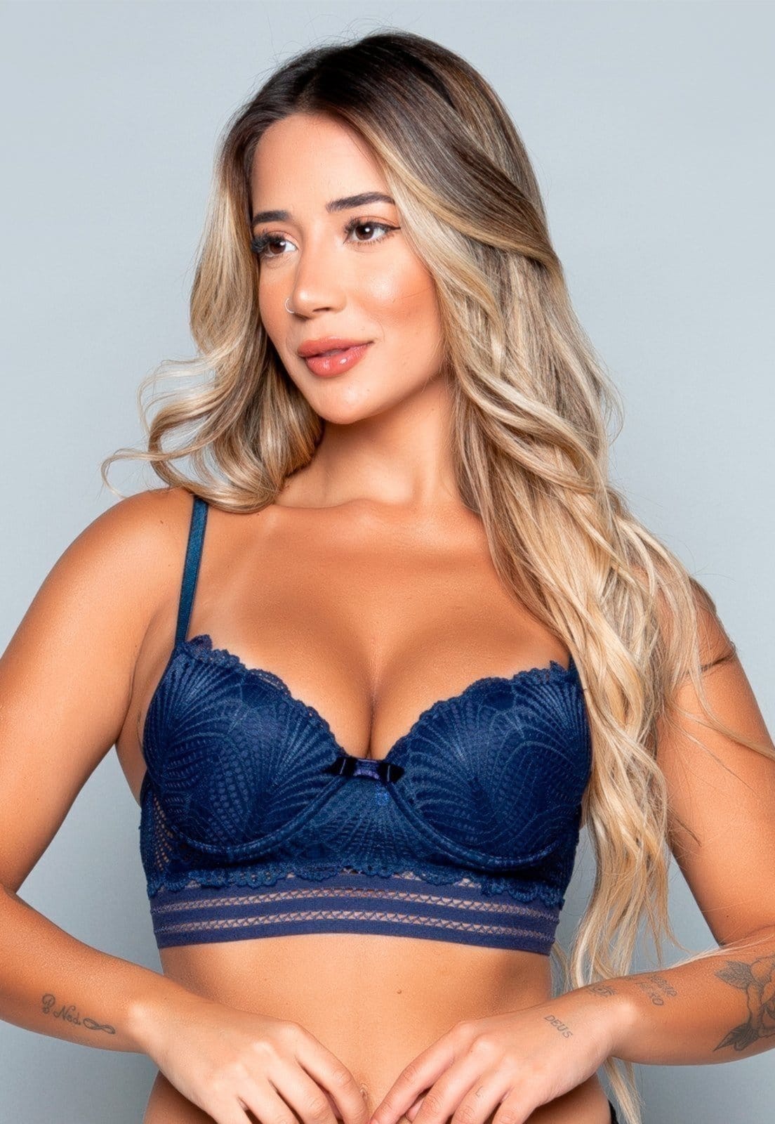 Vista 2 Sutiã Vekyo Lingerie Com Bojo Renda E Elástico Marinho VEKYO azul marinho