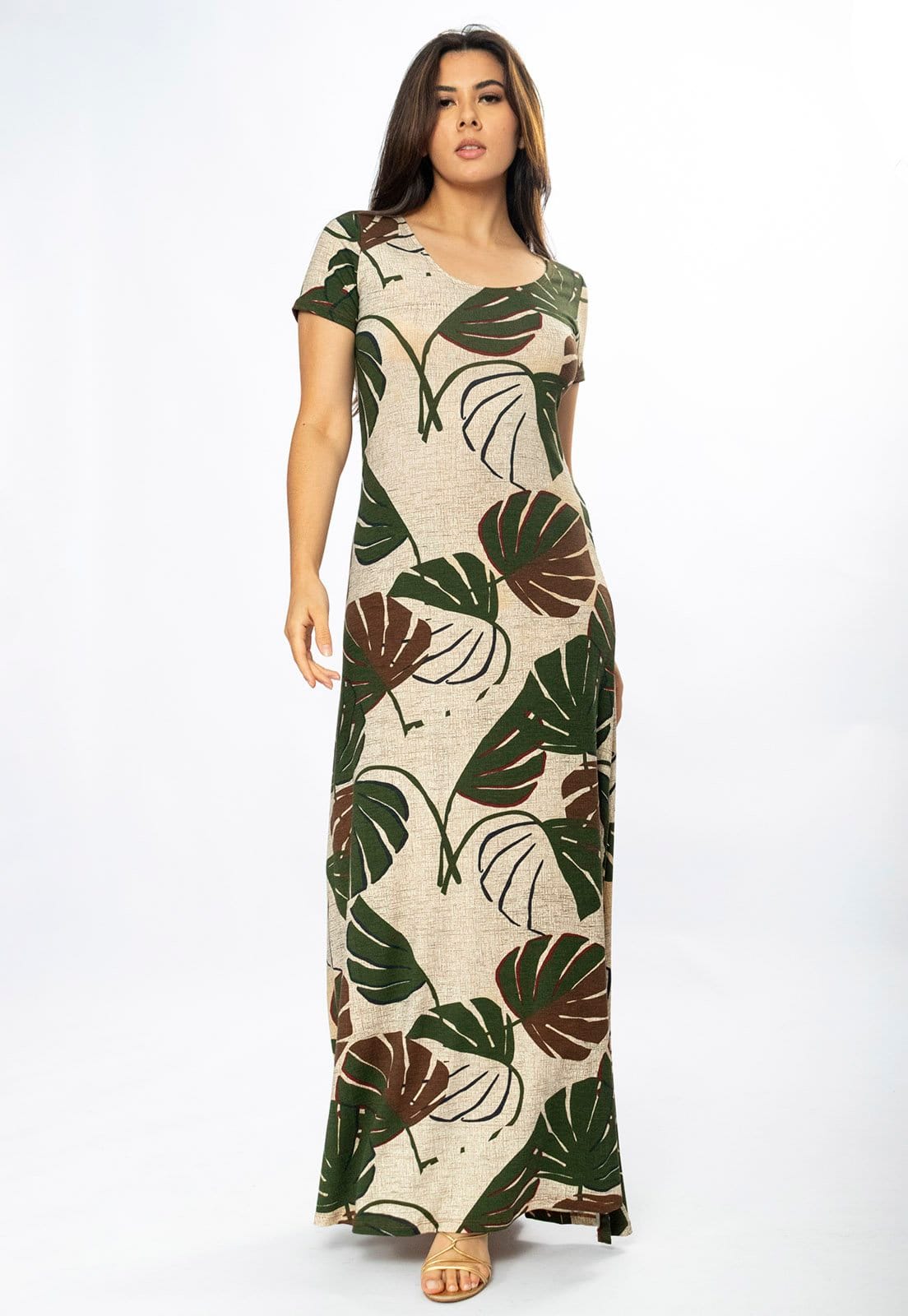 Vestido Longo Amazônia Vital Malha Gola Canoa Manga Curta Estampa Folhagem Verde e Marrom