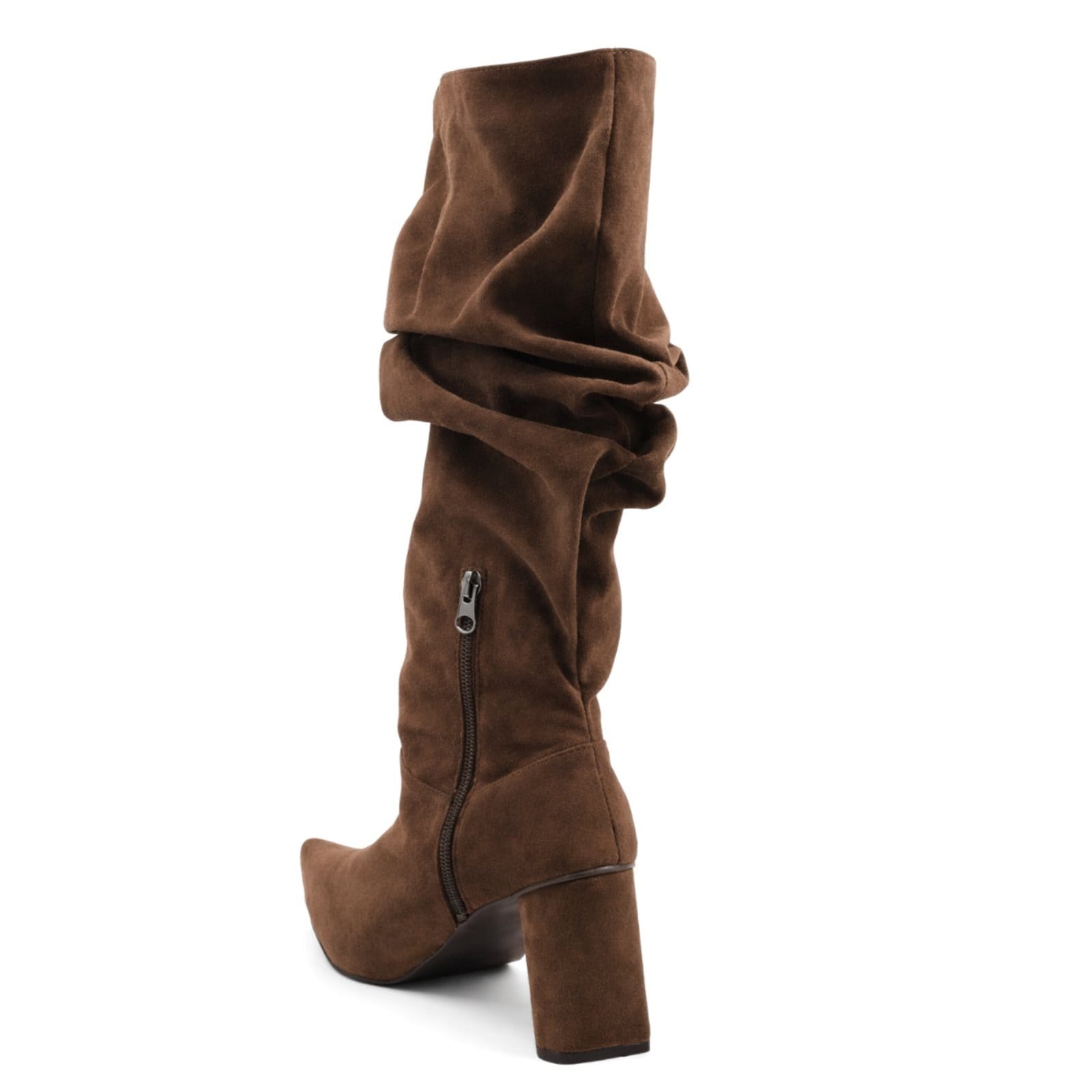 Vista 2 Bota Feminina Cano Slouchy Salto Médio Triangular Sete Sales 23021 Camurça Flor da Pele marrom