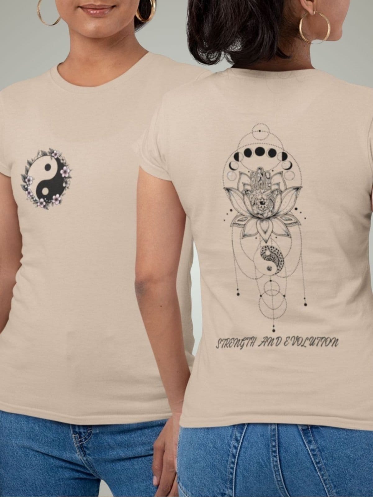 Vista principal Camiseta Básica Feminina GuGi Flor De Lótus Yin Yang Nas Costas E Frente Caqui Gugi cáqui caqui