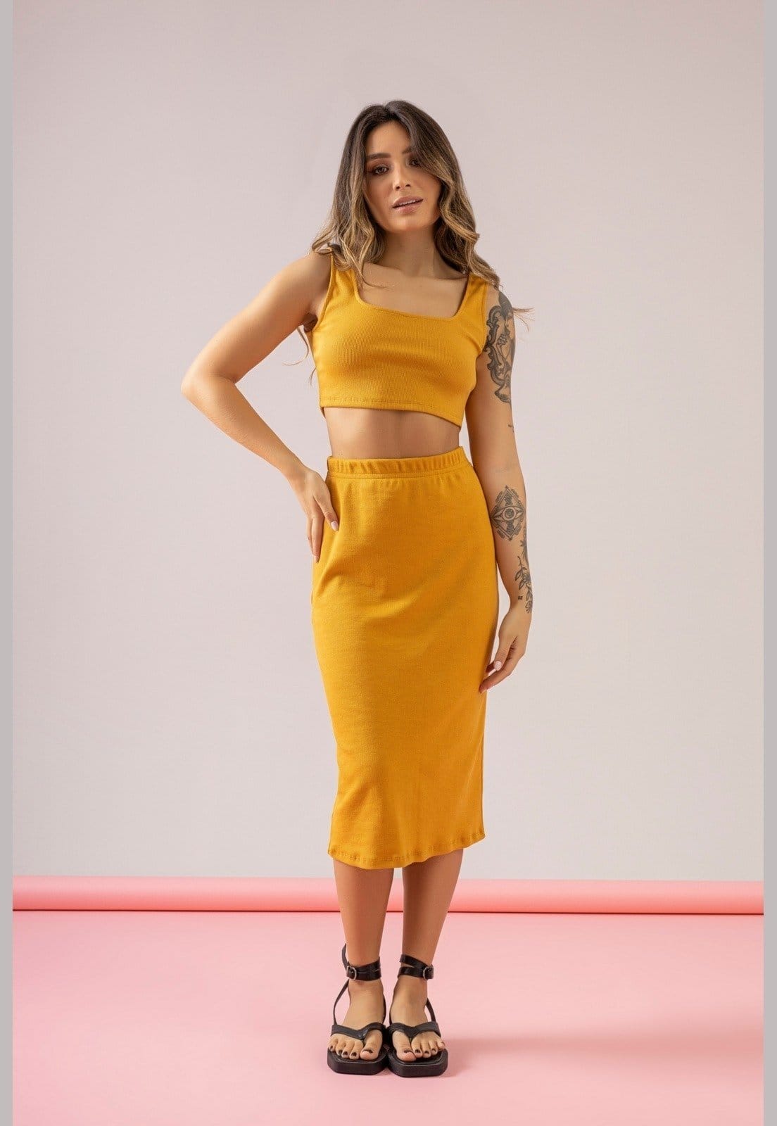 Vista principal Saia Midi Básica em Ribaninha Just Basic JUST BASIC amarelo
