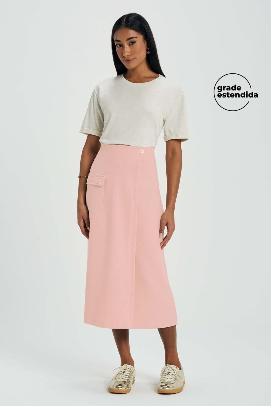 Vista principal Saia Feminina Midi Comfy em Linho Marialícia Marialícia rosa