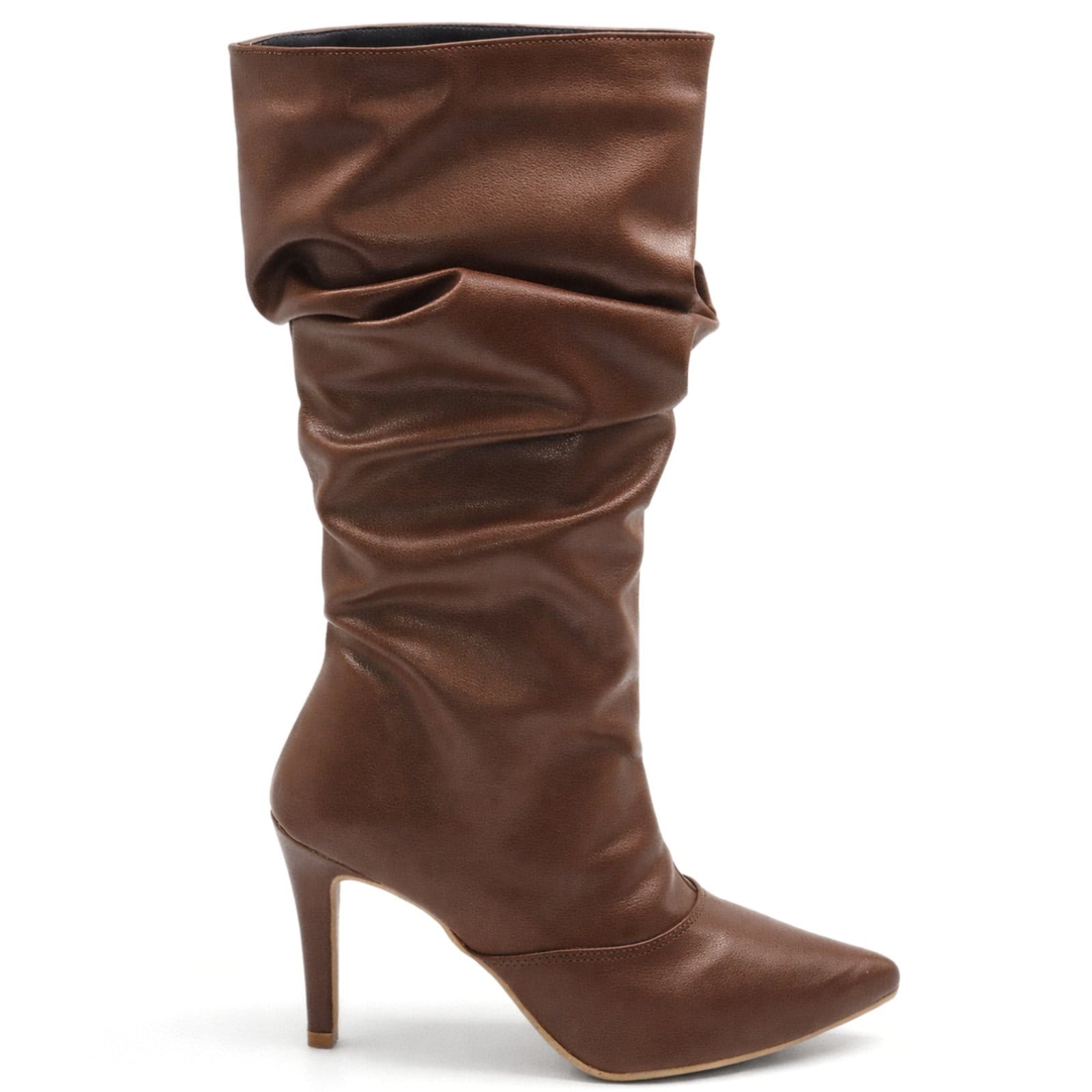 Vista principal Bota Feminina Cano Slouchy Enrugada Salto Fino Inverno 1714 Floter Cacau Flor da Pele marrom