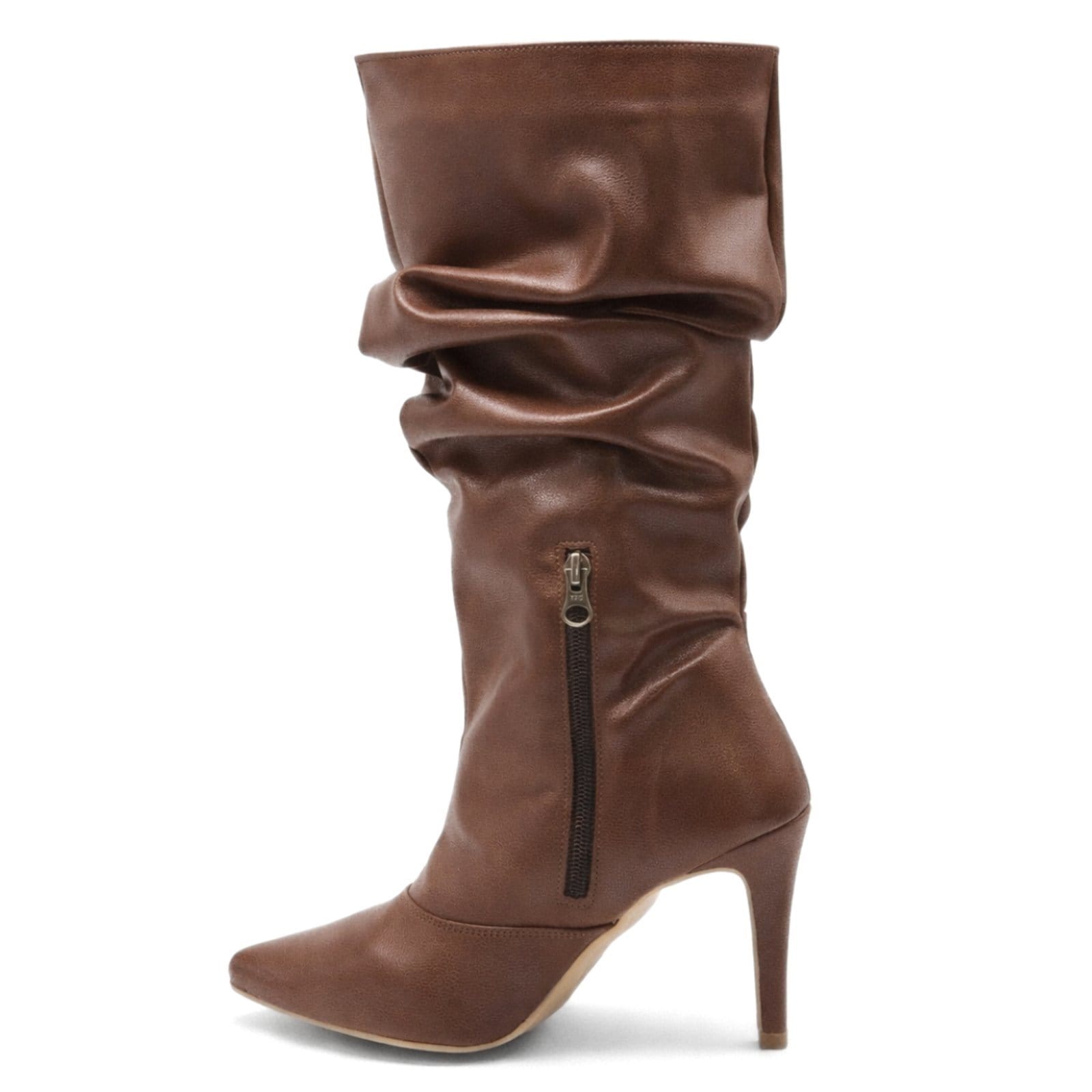 Vista 2 Bota Feminina Cano Slouchy Enrugada Salto Fino Inverno 1714 Floter Cacau Flor da Pele marrom