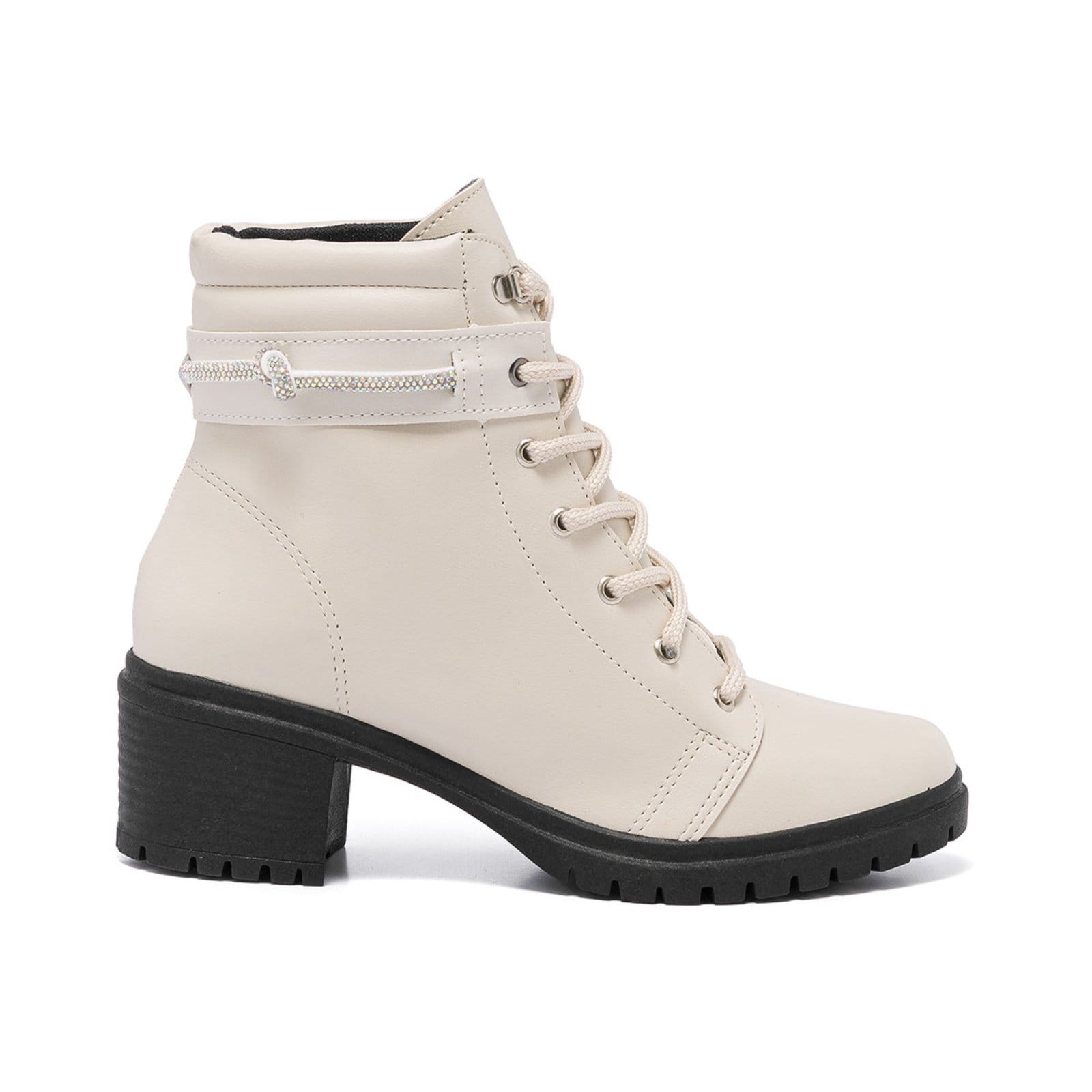 Bota Coturno Feminina Cano Baixo Tratorada Off White Confort Strass